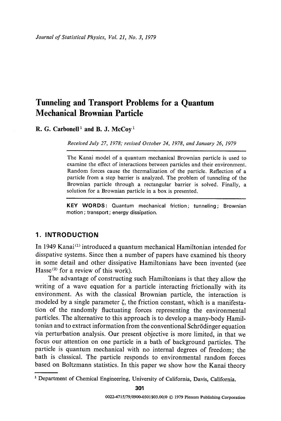 Tunneling and transport problems for a quantum mechanical Brownian particle by Unknown