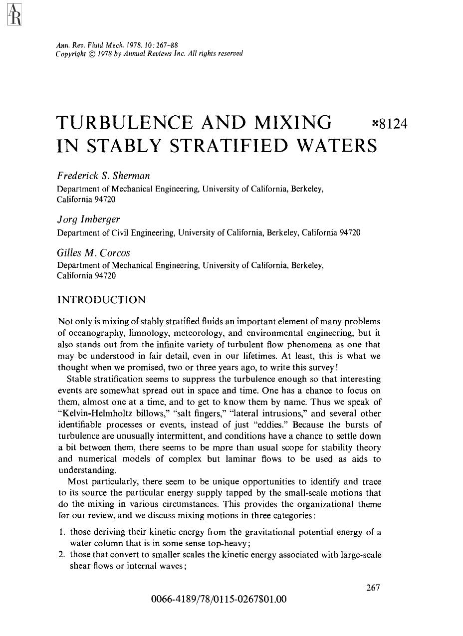 Turbulence and Mixing in Stably Stratified Waters by F S Sherman J Imberger & G M Corcos