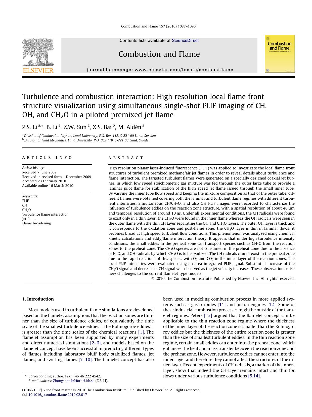 Turbulence and combustion interaction: High resolution local flame front structure visualization using simultaneous single-shot PLIF imaging of CH, OH, and CH2O in a piloted premixed jet flame by Z.S. Li; B. Li; Z.W. Sun; X.S. Bai; M. Aldén
