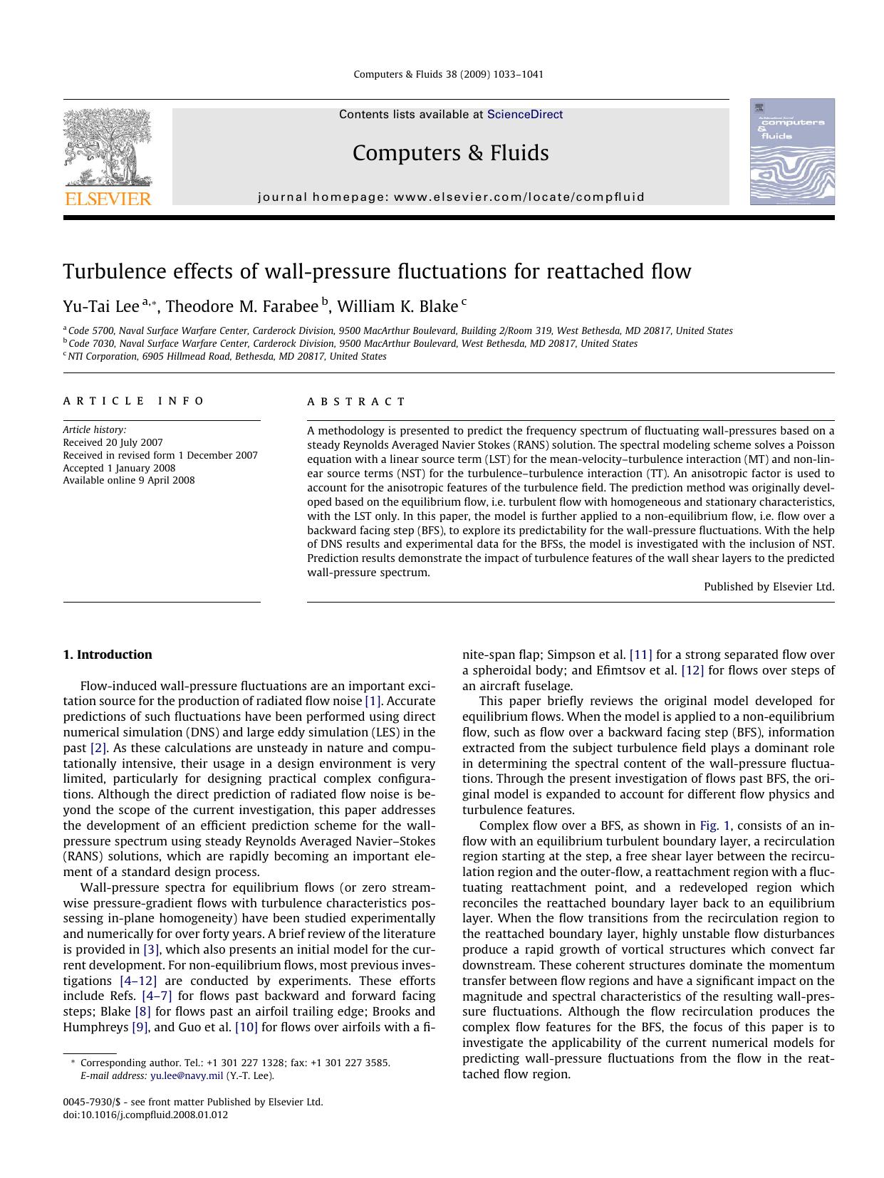 Turbulence effects of wall-pressure fluctuations for reattached flow by Yu-Tai Lee; Theodore M. Farabee; William K. Blake