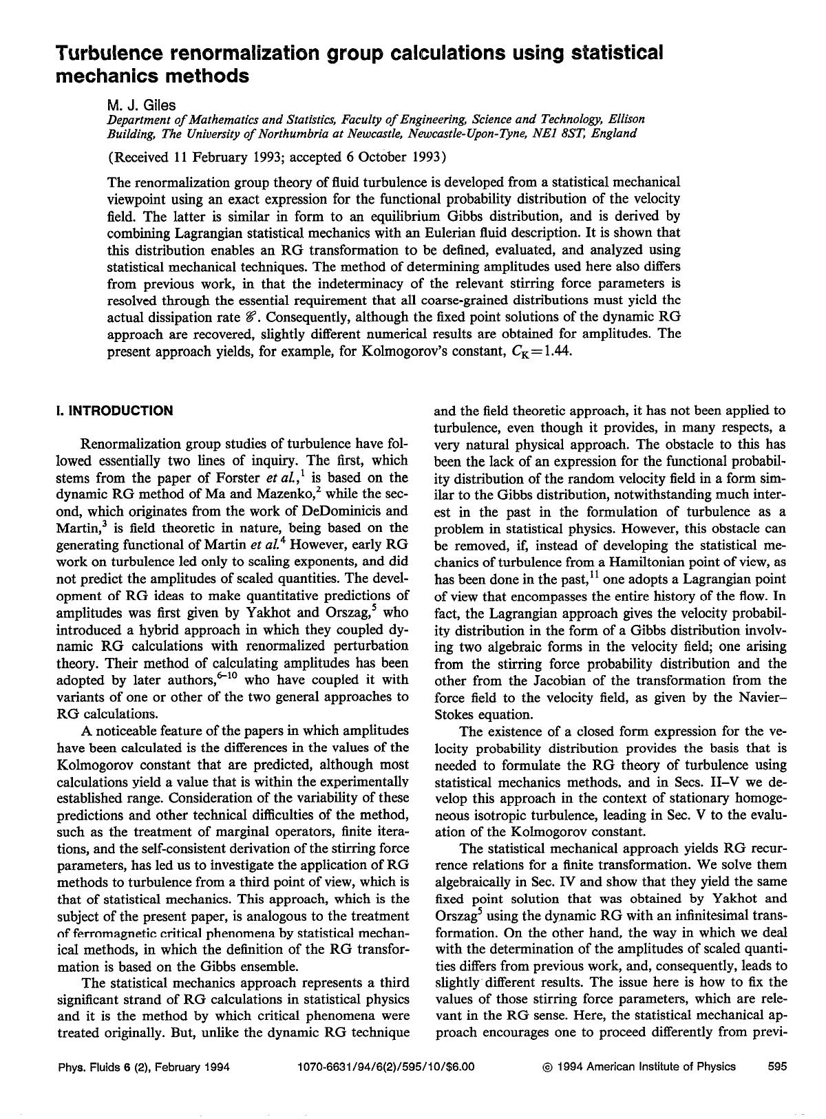 Turbulence renormalization group calculations using statistical mechanics methods by M. J. Giles
