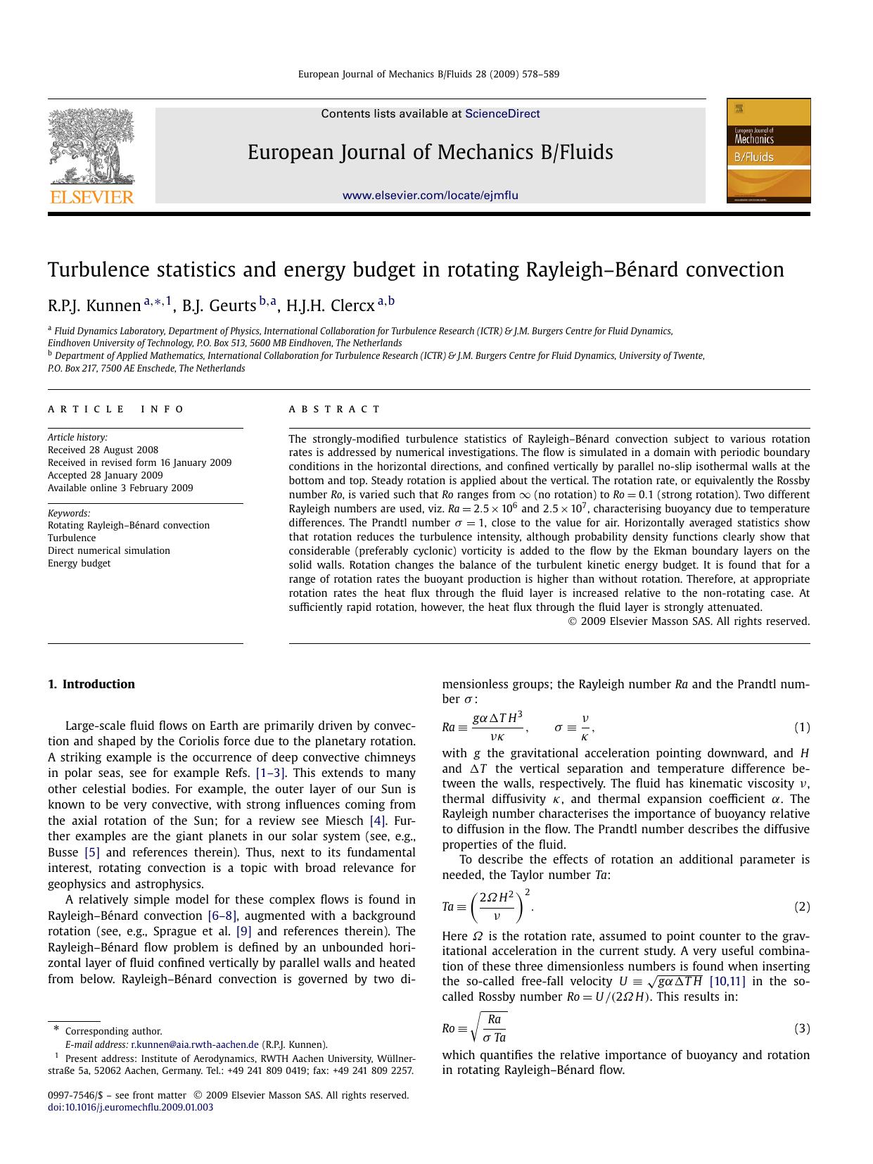 Turbulence statistics and energy budget in rotating RayleighâBÃ©nard convection by R.P.J. Kunnen; B.J. Geurts; H.J.H. Clercx
