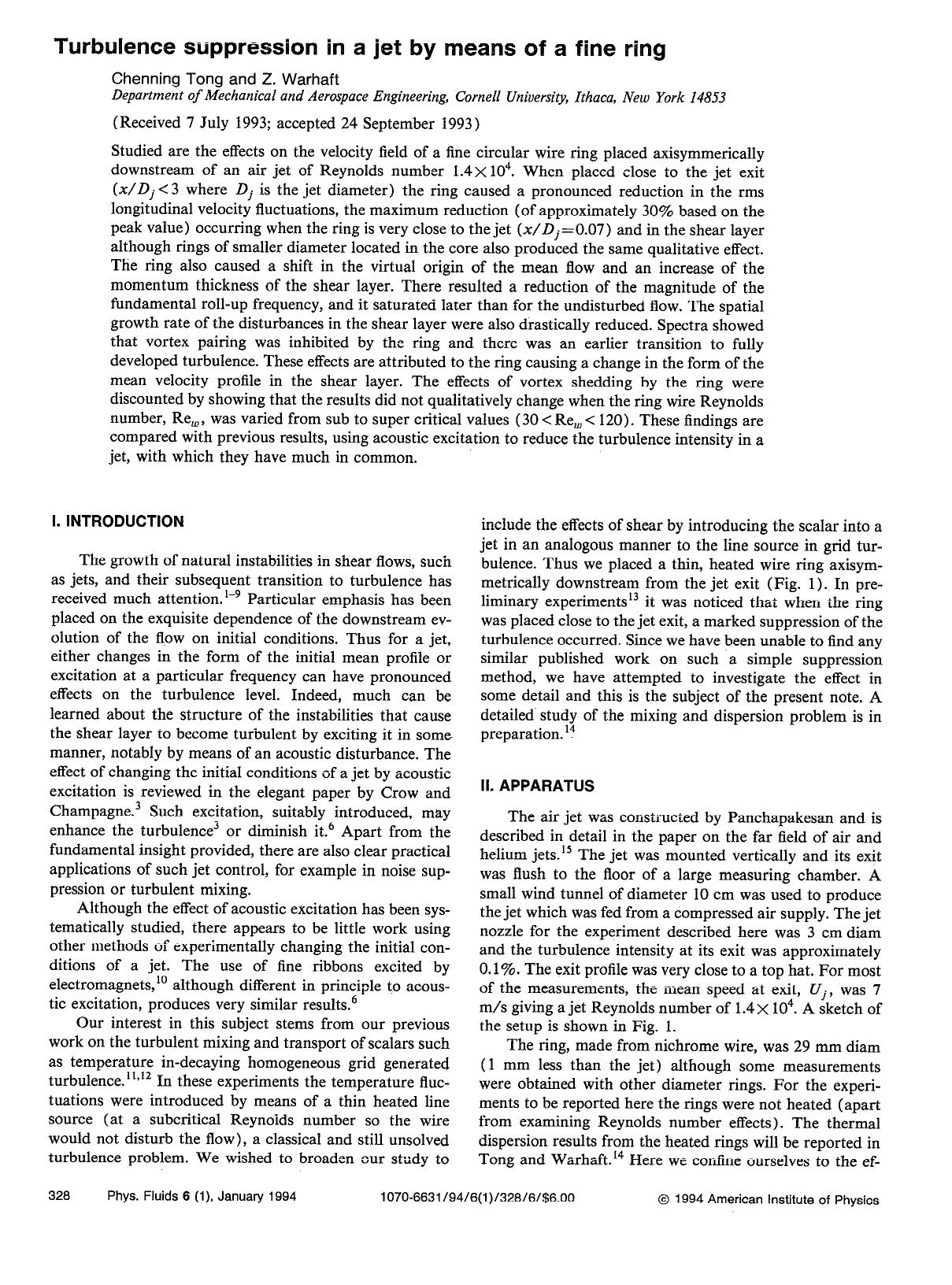 Turbulence suppression in a jet by means of a fine ring by Chenning Tong; Z. Warhaft