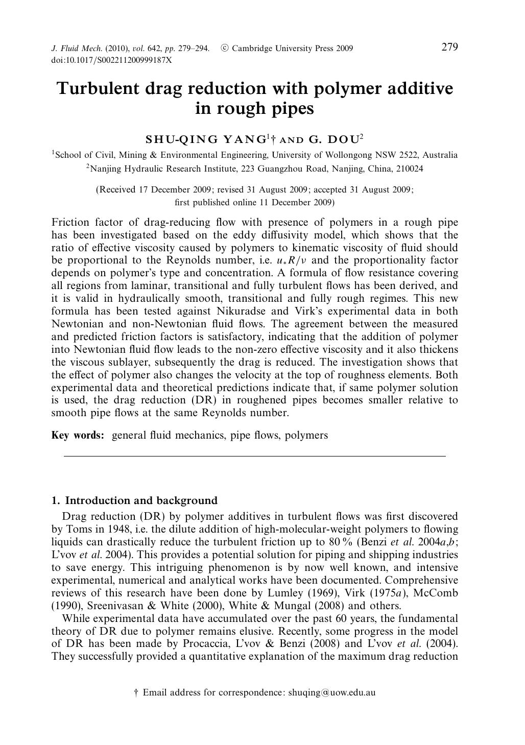 Turbulent drag reduction with polymer additive in rough pipes by SHU-QING YANG G. DOU