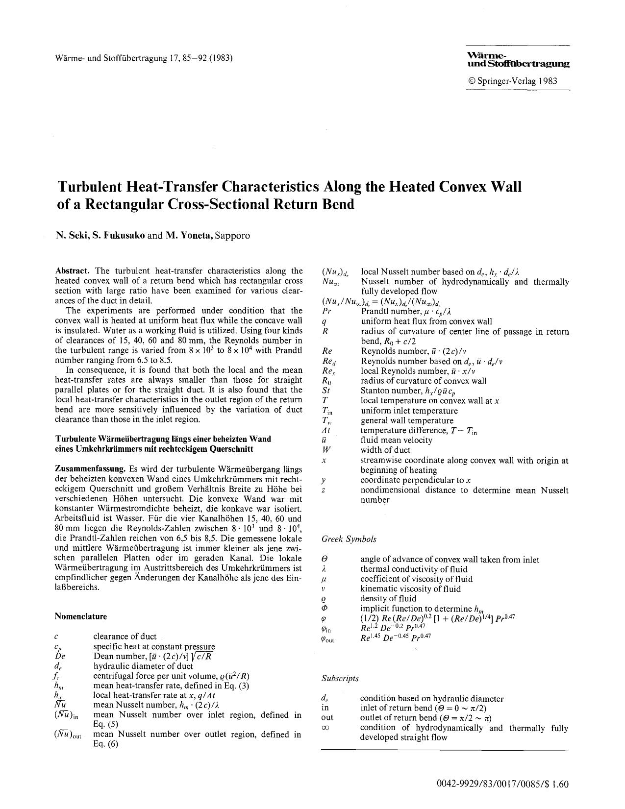 Turbulent heat-transfer characteristics along the heated convex wall of a rectangular cross-sectional return bend by Unknown
