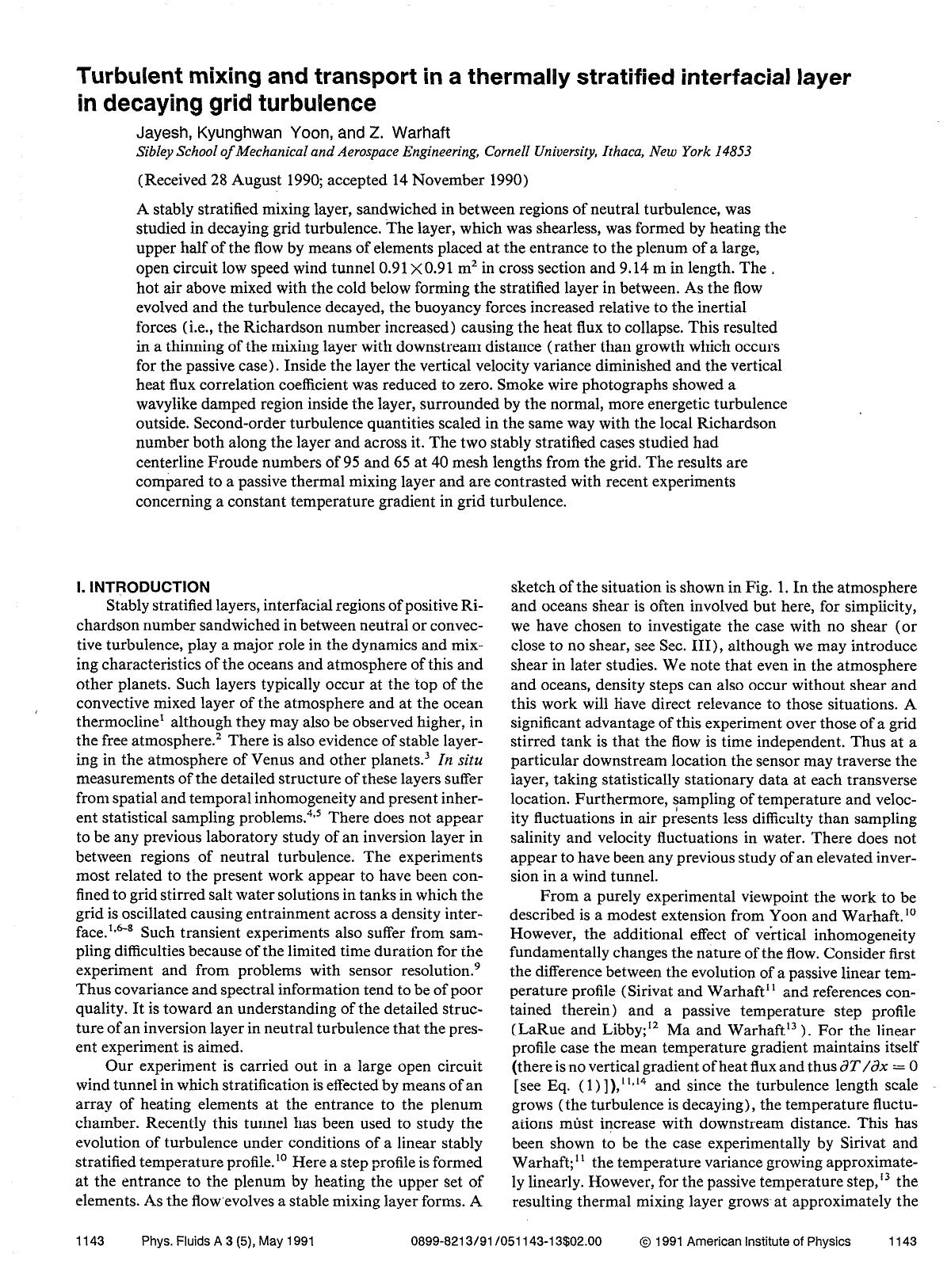 Turbulent mixing and transport in a thermally stratified interfacial layer in decaying grid turbulence by Jayesh; Kyunghwan Yoon; Z. Warhaft