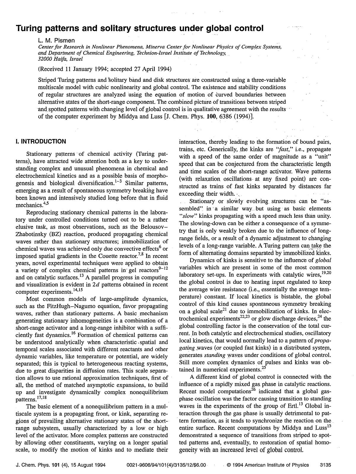 Turing patterns and solitary structures under global control by L. M. Pismen