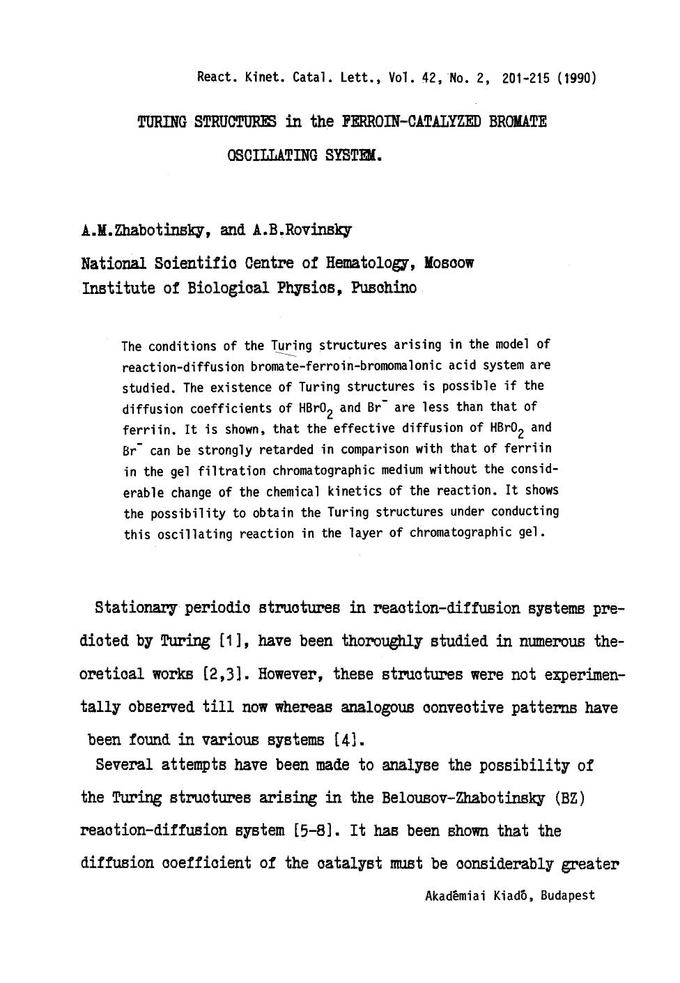 Turing structures in the ferroin-catalyzed bromate oscilating system by Unknown