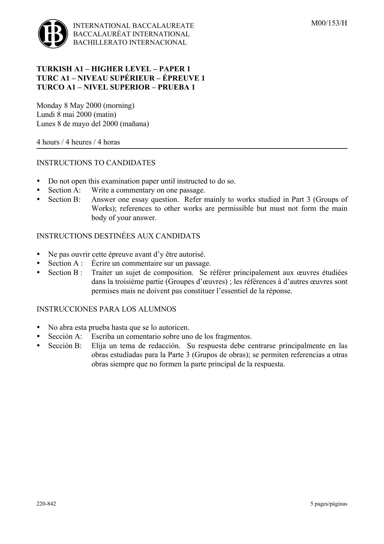 Turkish A1 - Higher Level - Paper One by unknow