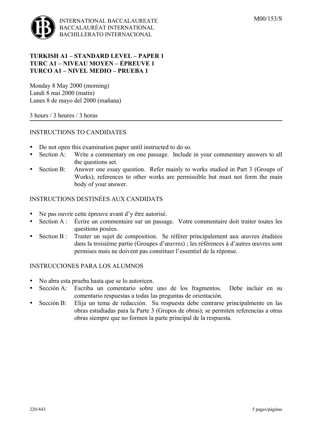 Turkish A1 - Standard Level - Paper One by unknow