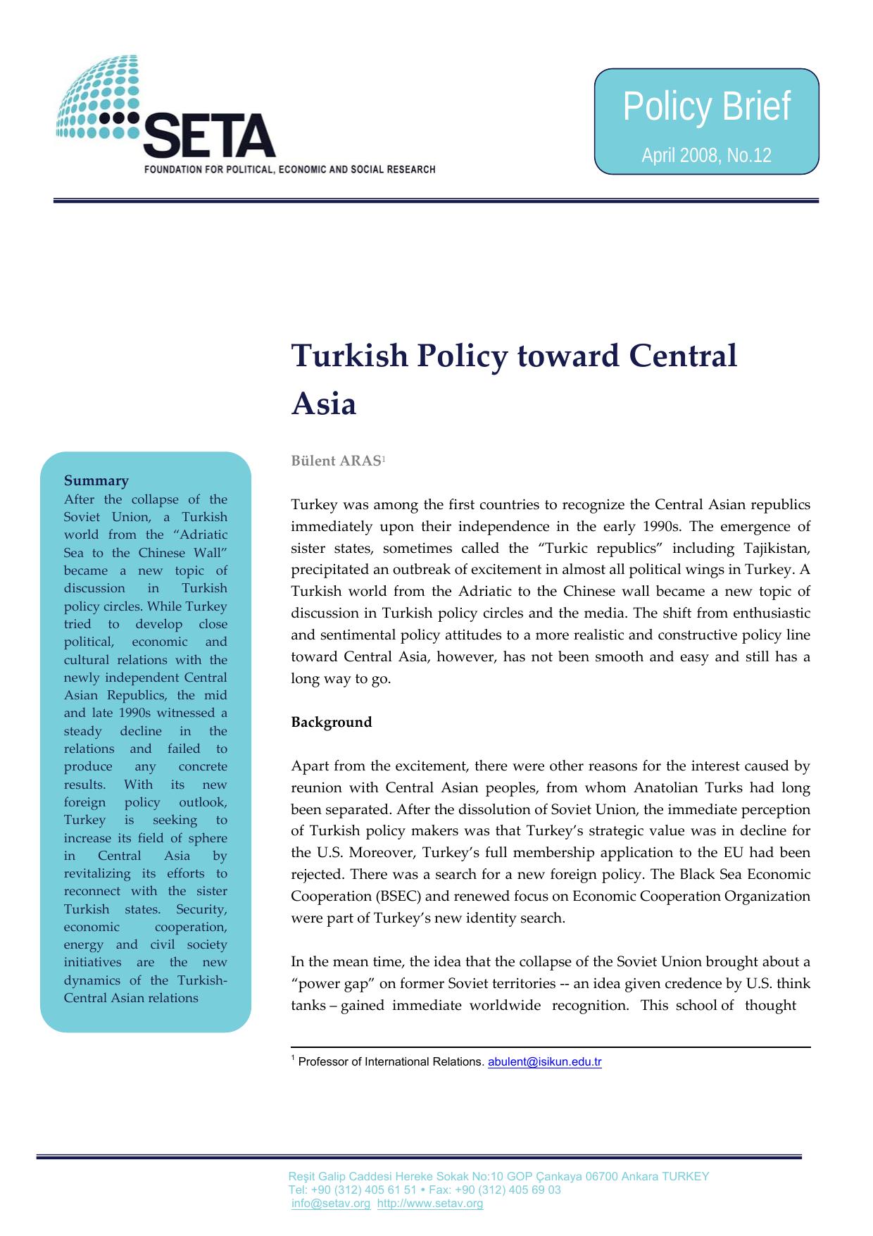 Turkish Policy toward Central Asia by Aras Bülent