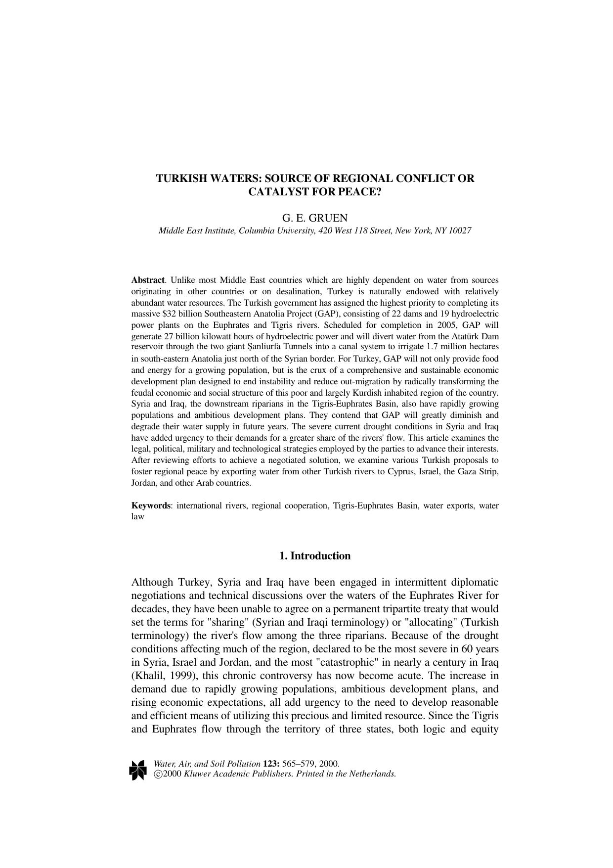 Turkish Waters: Source of Regional Conflict or Catalyst for Peace? by Unknown