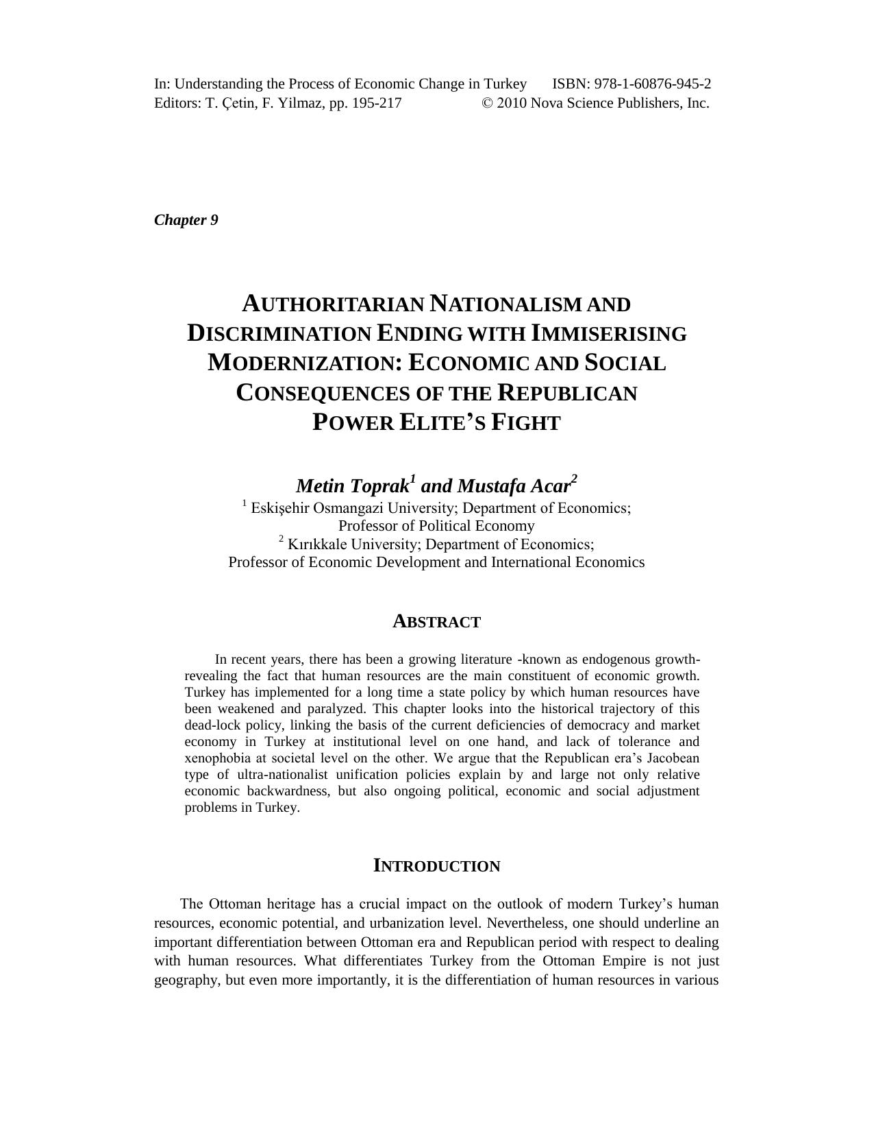Turkish authoritarian nationalism and immiserizing human resource policy by Toprak Metin; Acar Mustafa