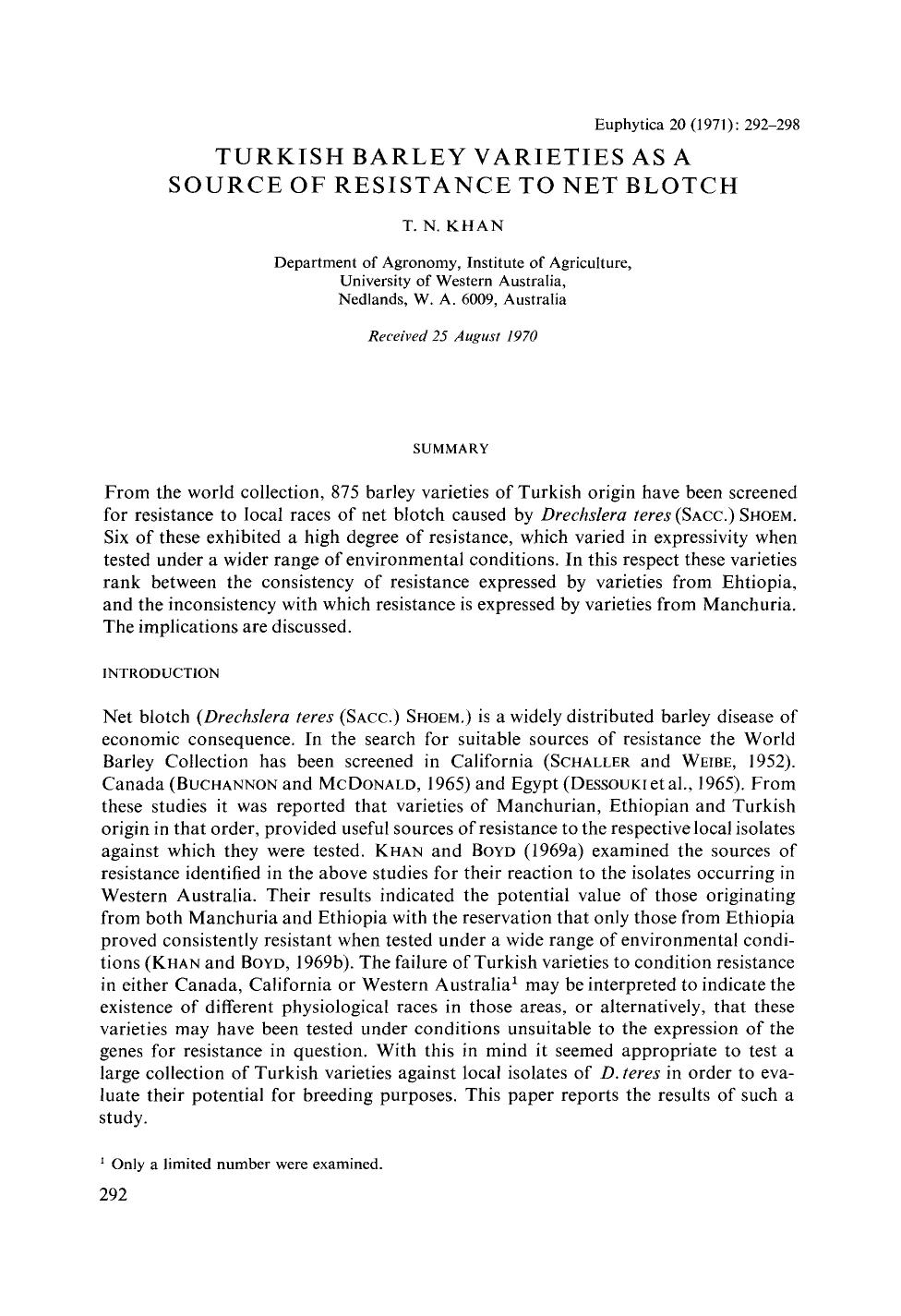 Turkish barley varieties as a source of resistance to net blotch by Unknown