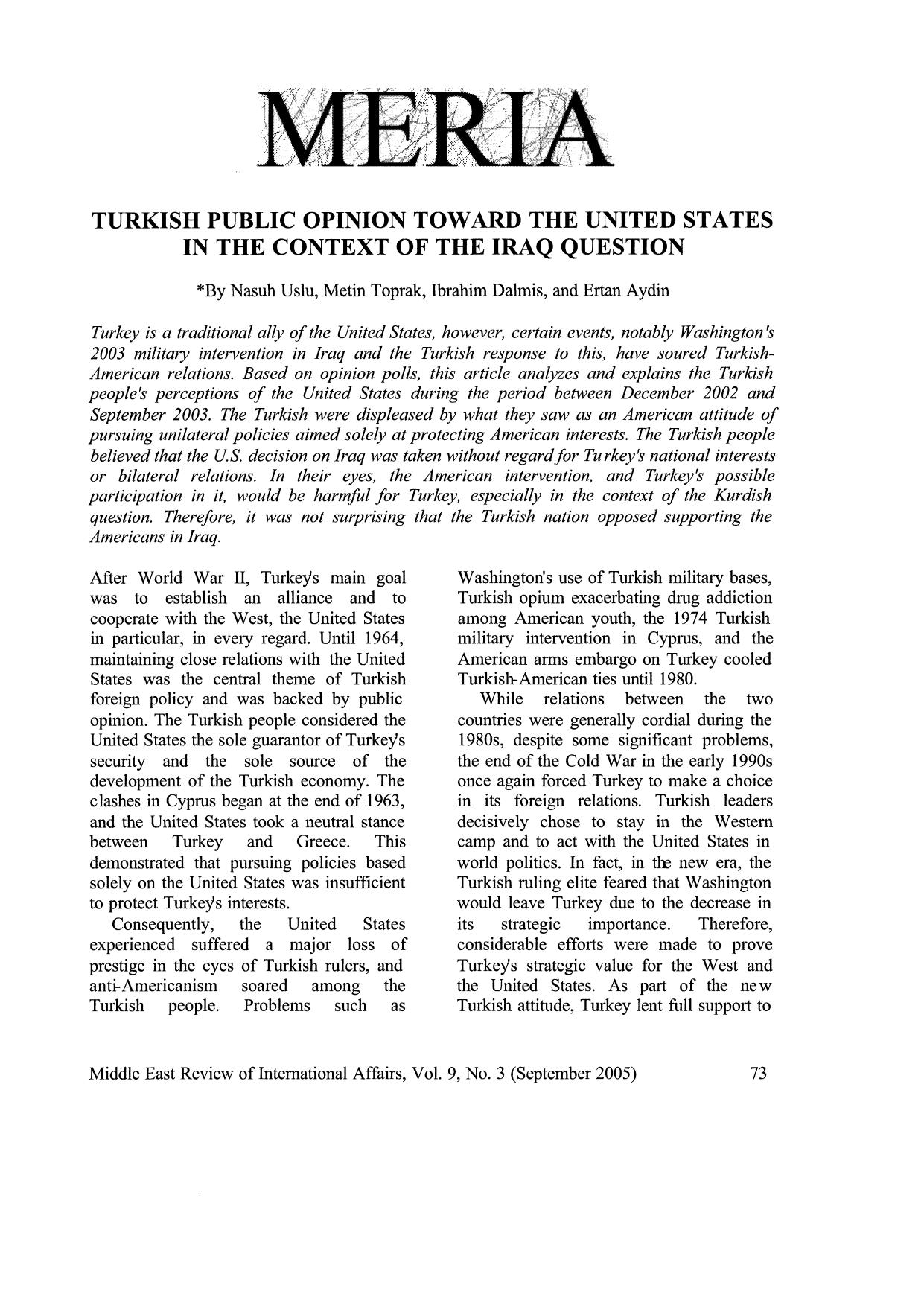 Turkish opinion toward united states of america by Metin Toprak; Nasuh Uslu; et al