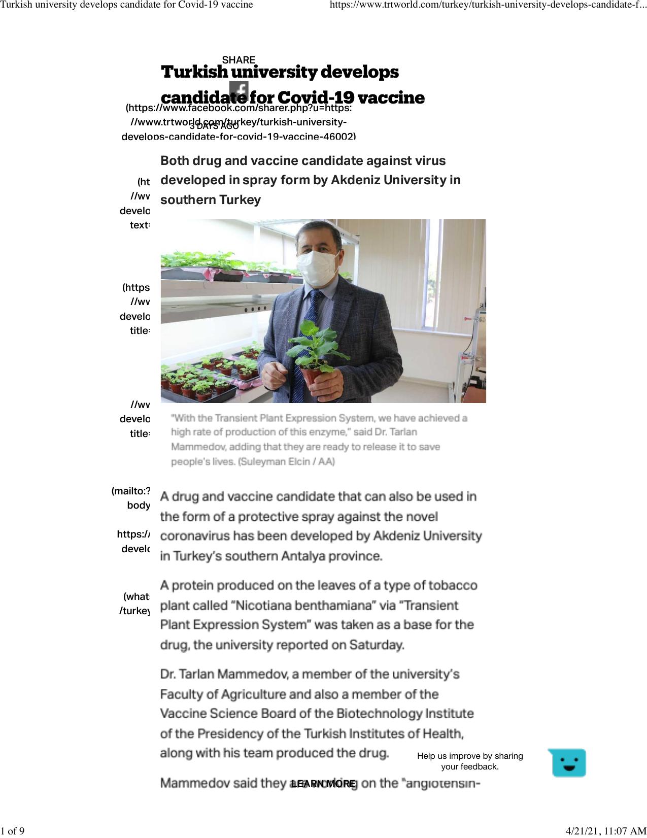 Turkish university develops candidate for Covid-19 vaccine by Unknown