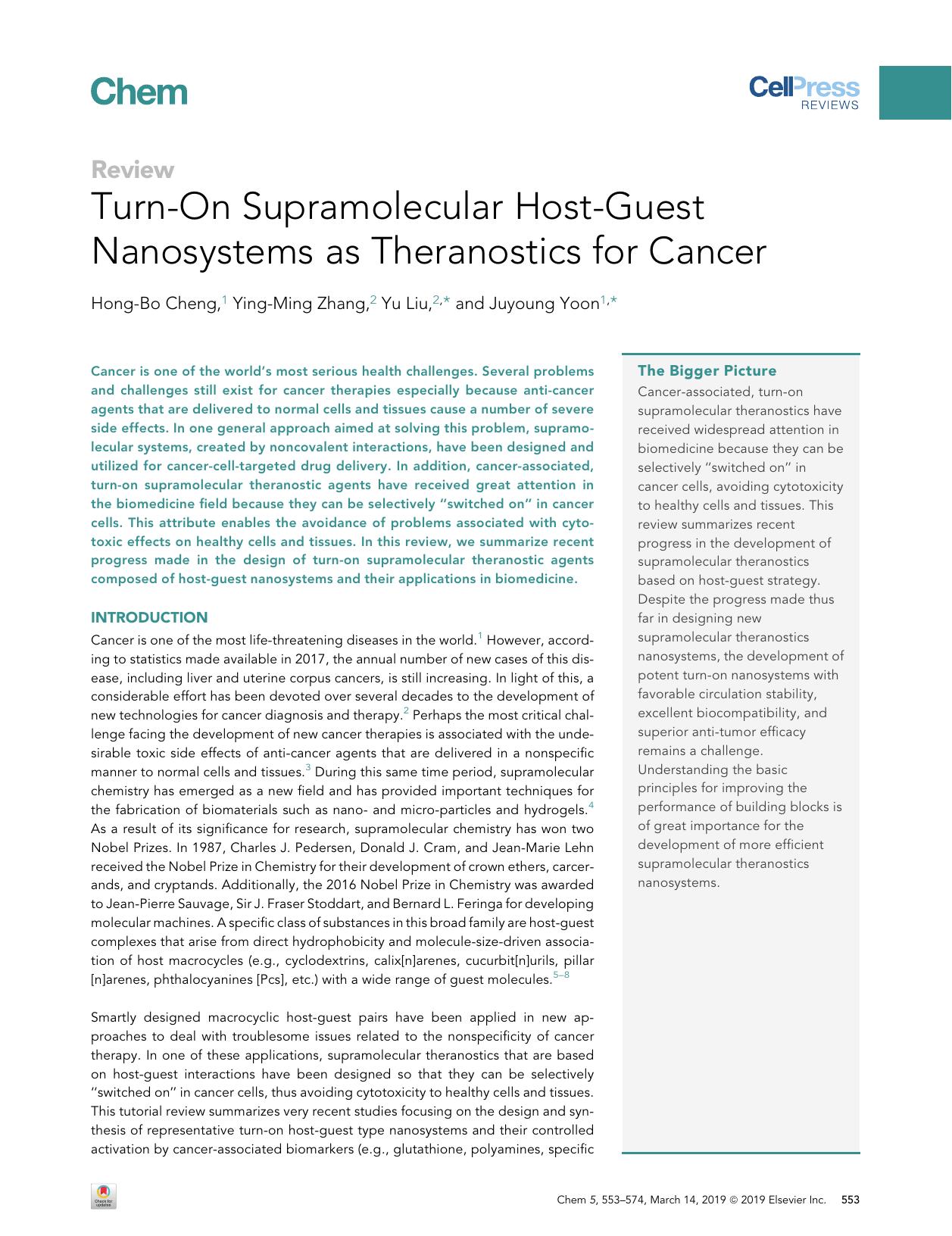 Turn-On Supramolecular Host-Guest Nanosystems as Theranostics for Cancer by Hong-Bo Cheng & Ying-Ming Zhang & Yu Liu & Juyoung Yoon