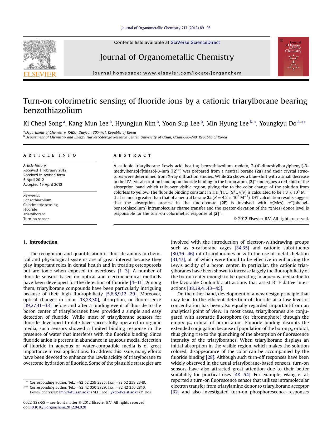 Turn-on colorimetric sensing of fluoride ions by a cationic triarylborane bearing benzothiazolium by Ki Cheol Song & Kang Mun Lee & Hyungjun Kim & Yoon Sup Lee & Min Hyung Lee & Youngkyu Do
