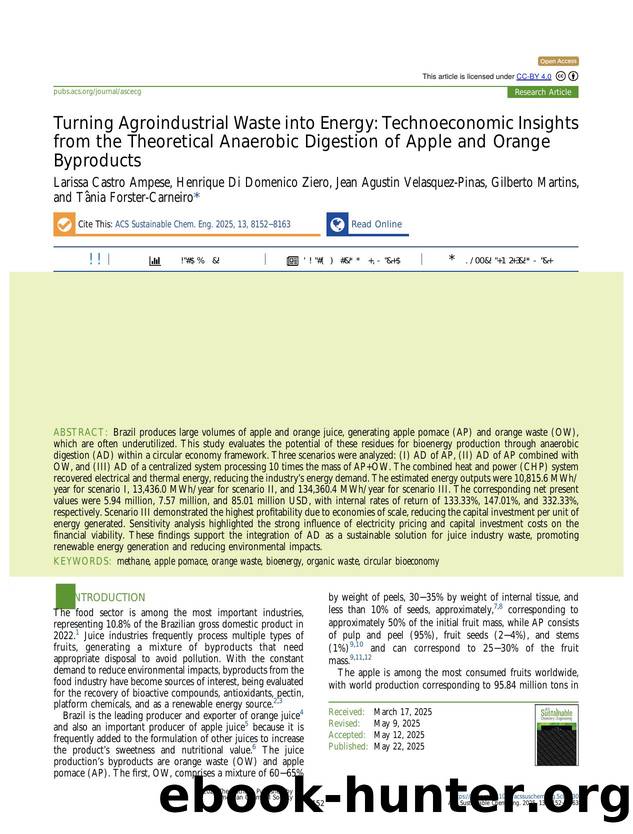 Turning Agroindustrial Waste into Energy: Technoeconomic Insights from the Theoretical Anaerobic Digestion of Apple and Orange Byproducts by unknow