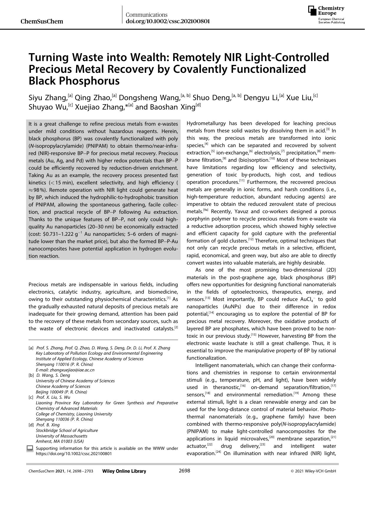 Turning Waste into Wealth: Remotely NIR LightâControlled Precious Metal Recovery by Covalently Functionalized Black Phosphorus by Unknown