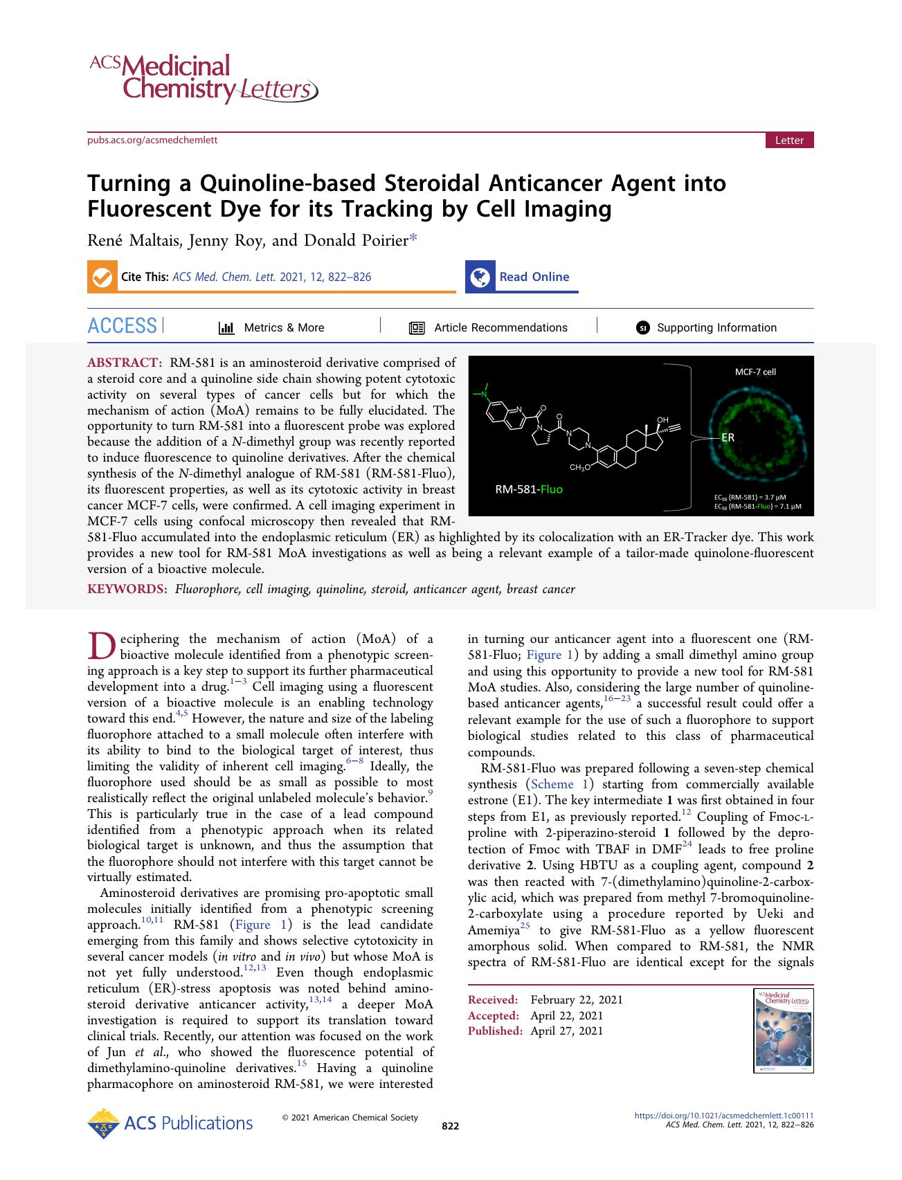 Turning a Quinoline-based Steroidal Anticancer Agent into Fluorescent Dye for its Tracking by Cell Imaging by René Maltais Jenny Roy and Donald Poirier