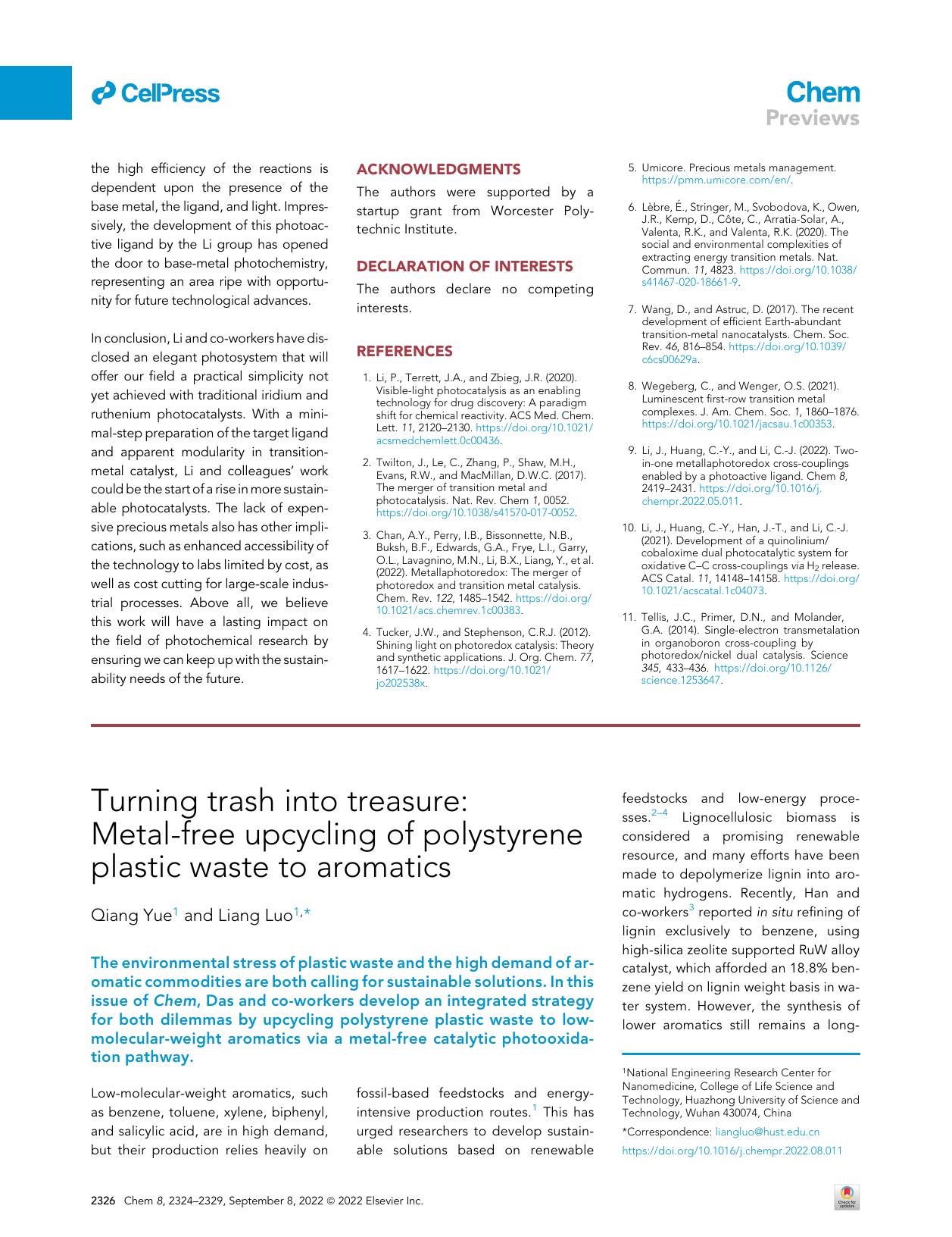 Turning trash into treasure: Metal-free upcycling of polystyrene plastic waste to aromatics by Qiang Yue & Liang Luo