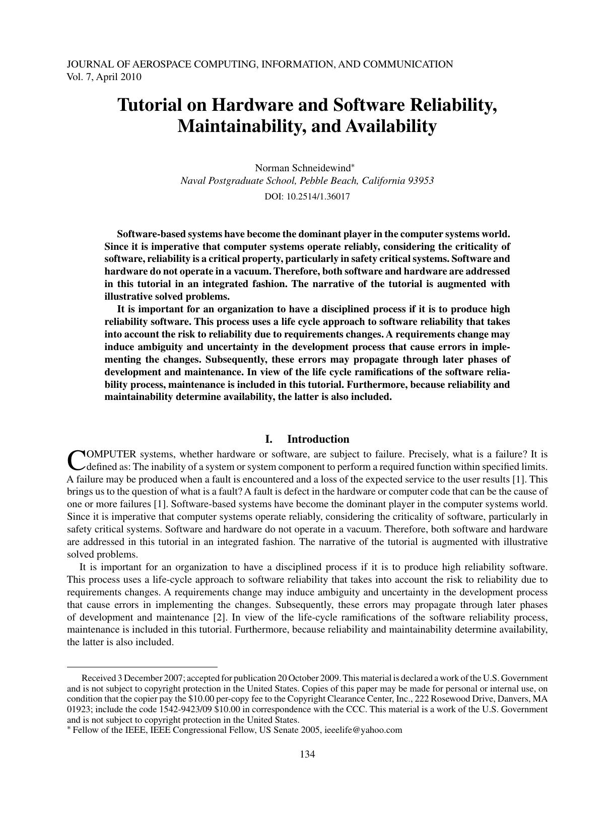 Tutorial on Hardware and Software Reliability, Maintainability, and Availability by Unknown