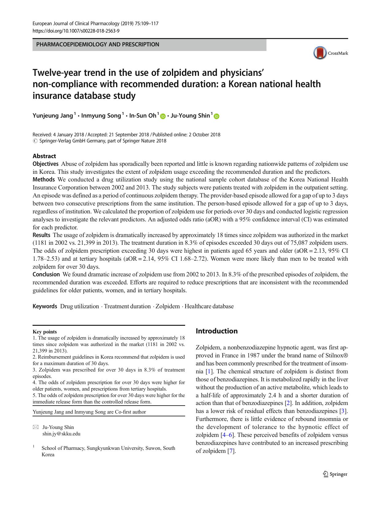 Twelve-year trend in the use of zolpidem and physiciansâ non-compliance with recommended duration: a Korean national health insurance database study by Yunjeung Jang & Inmyung Song & In-Sun Oh & Ju-Young Shin