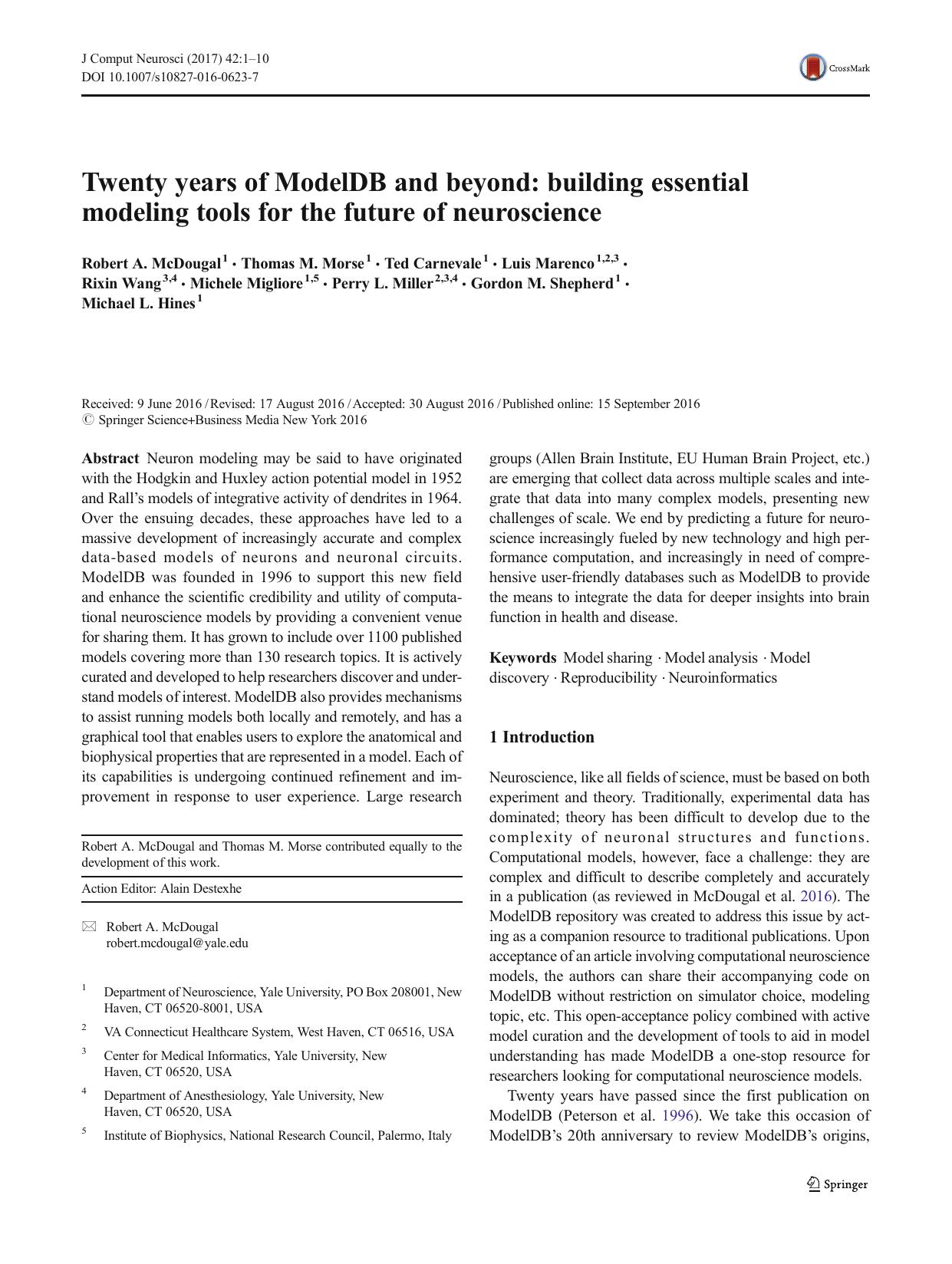 Twenty years of ModelDB and beyond: building essential modeling tools for the future of neuroscience by unknow