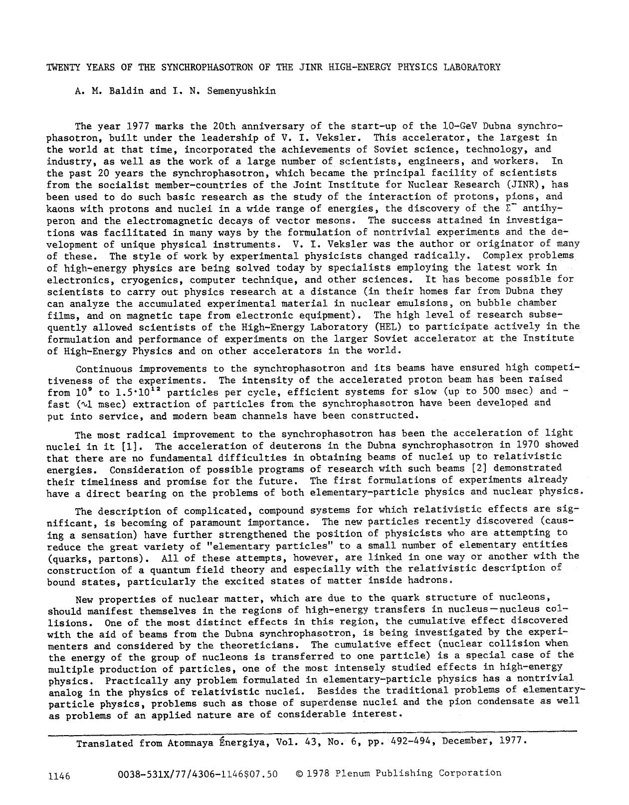 Twenty years of the synchrophasotron of the JINR High-Energy Physics Laboratory by Unknown