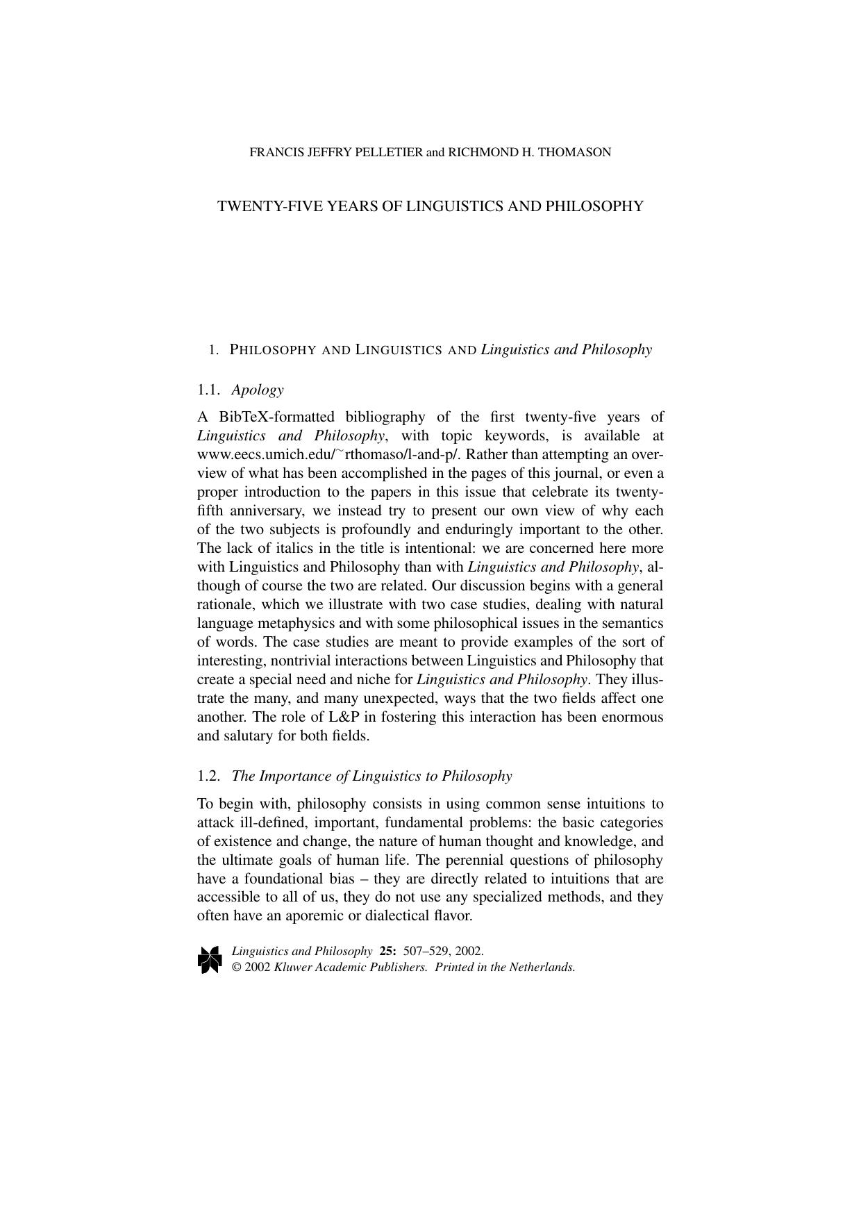 Twenty-Five Years Of Linguistics And Philosophy by Francis Jeffry Pelletier & Richmond H. Thomason