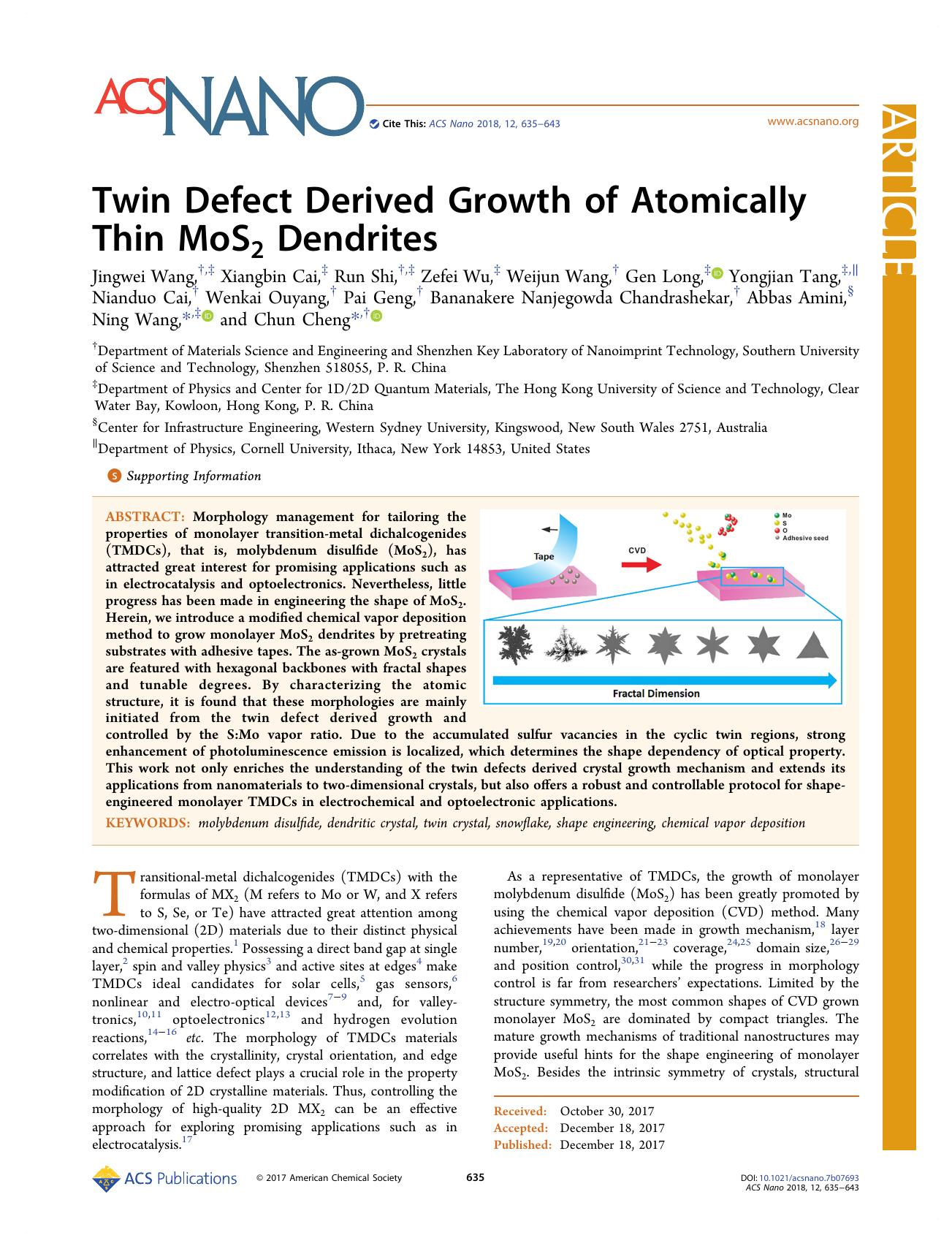 Twin Defect Derived Growth of Atomically Thin MoS2 Dendrites by unknow