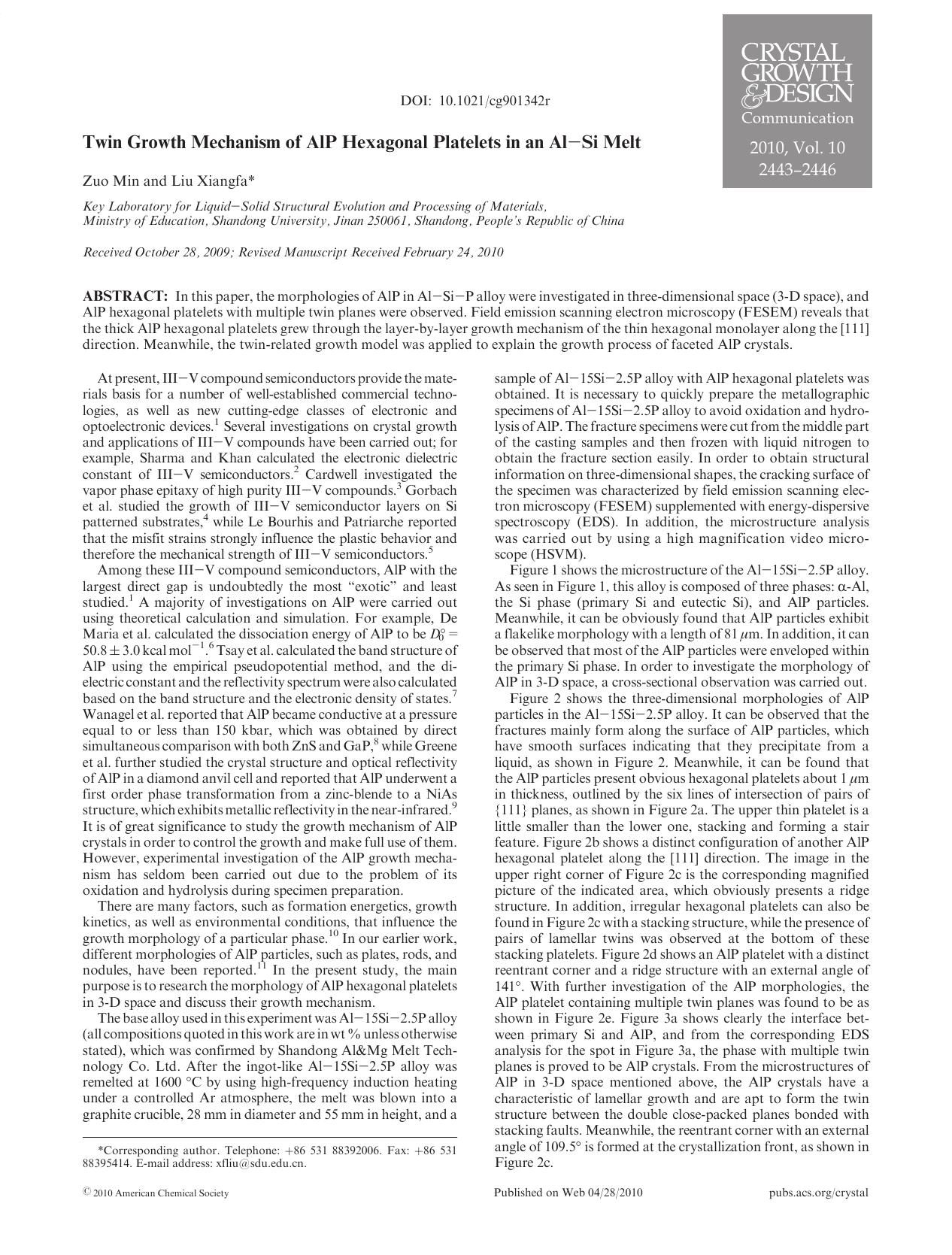 Twin Growth Mechanism of AlP Hexagonal Platelets in an Al<bold><bold>Si Melt by Unknown