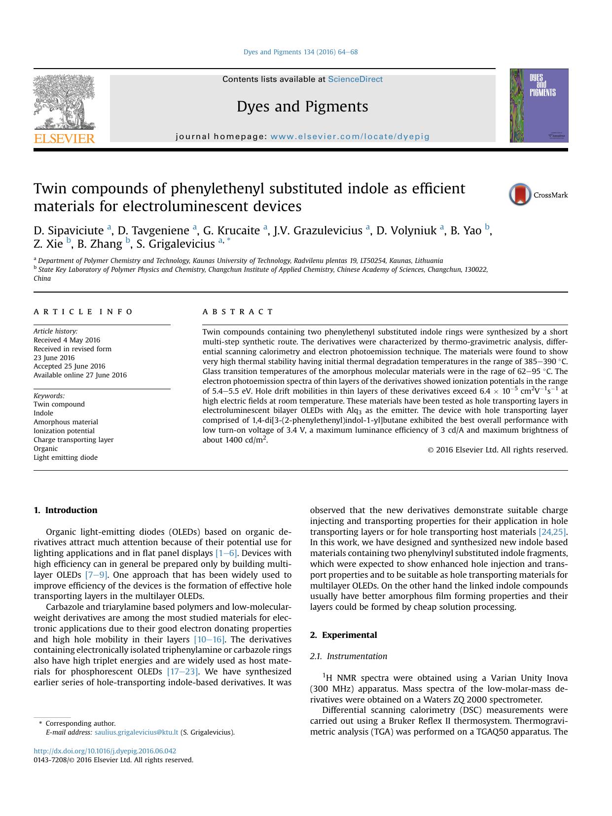 Twin compounds of phenylethenyl substituted indole as efficient materials for electroluminescent devices by unknow
