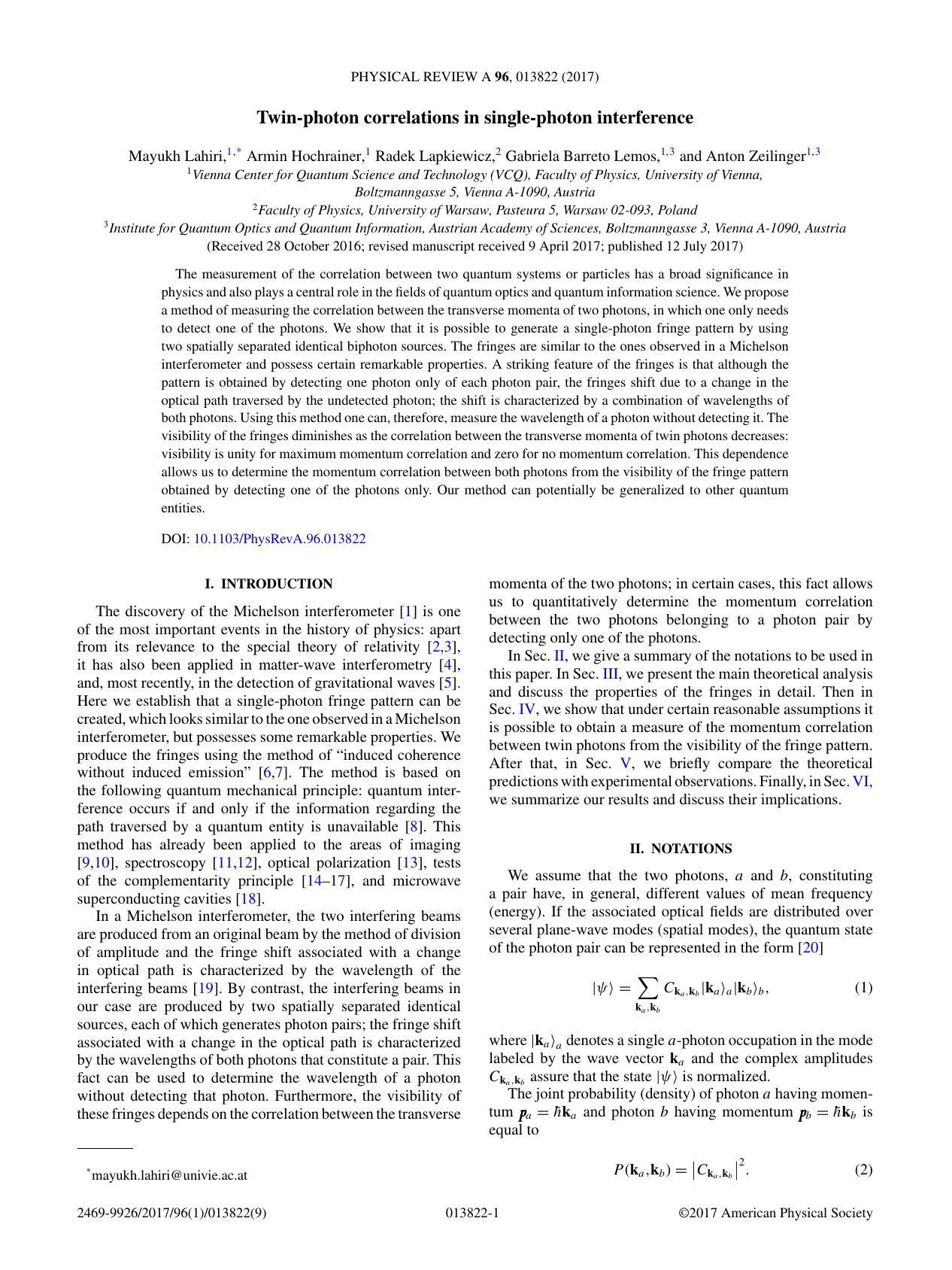 Twin-photon correlations in single-photon interference (2017) by Unknown