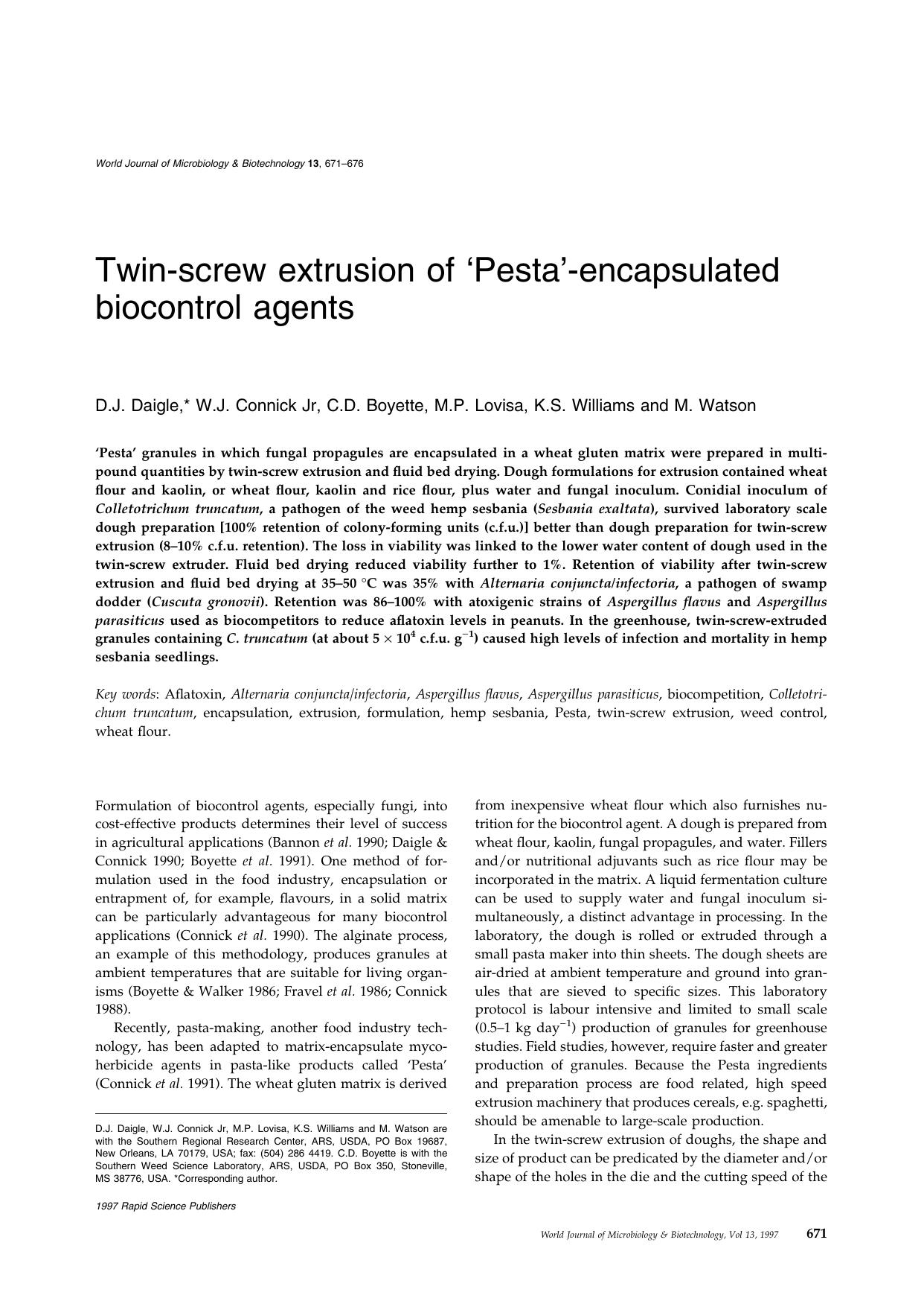 Twin-screw extrusion of ‘Pesta’-encapsulated biocontrol agents by Unknown