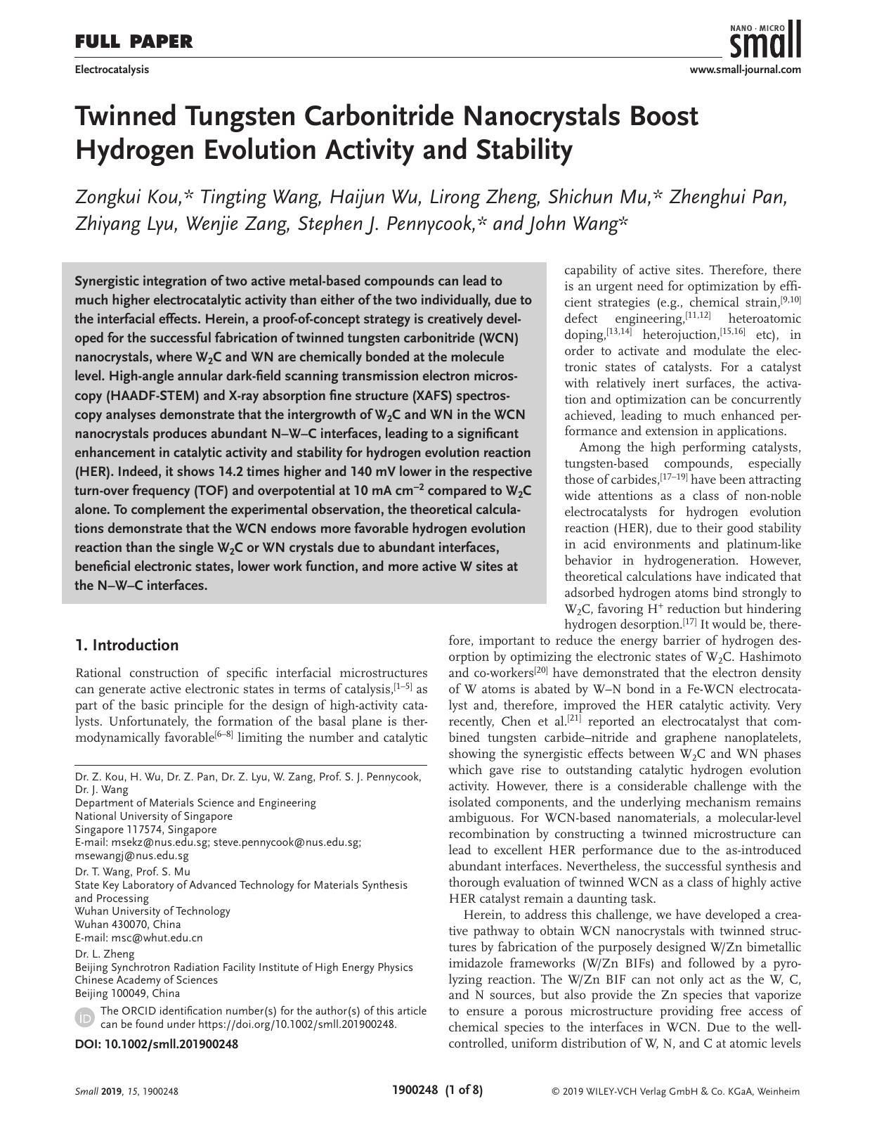 Twinned Tungsten Carbonitride Nanocrystals Boost Hydrogen Evolution Activity and Stability by Unknown