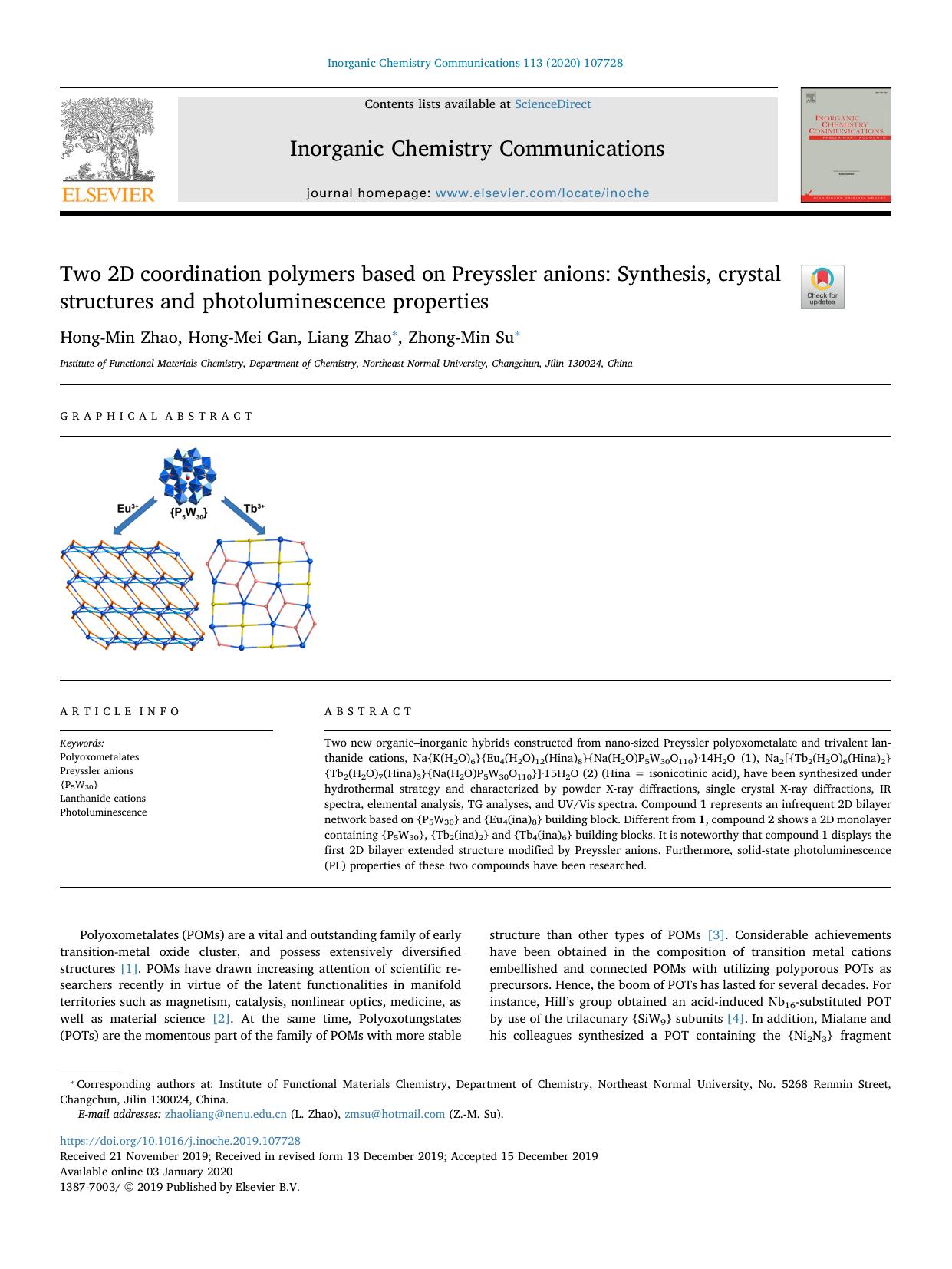 Two 2D coordination polymers based on Preyssler anions_ Synthesis, crystal structures and photoluminescence properties by Hong-Min Zhao & Hong-Mei Gan & Liang Zhao & Zhong-Min Su