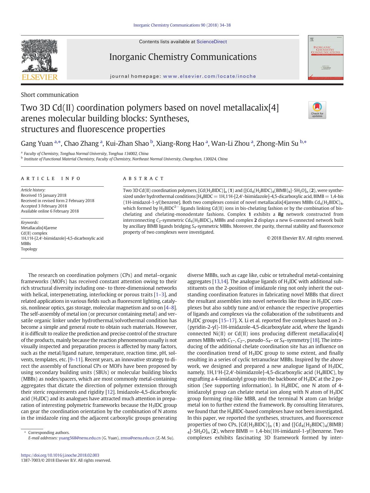 Two 3D Cd(II) coordination polymers based on novel metallacalix[4]arenes molecular building blocks: Syntheses, structures and fluorescence properties by Gang Yuan & Chao Zhang & Kui-Zhan Shao & Xiang-Rong Hao & Wan-Li Zhou & Zhong-Min Su