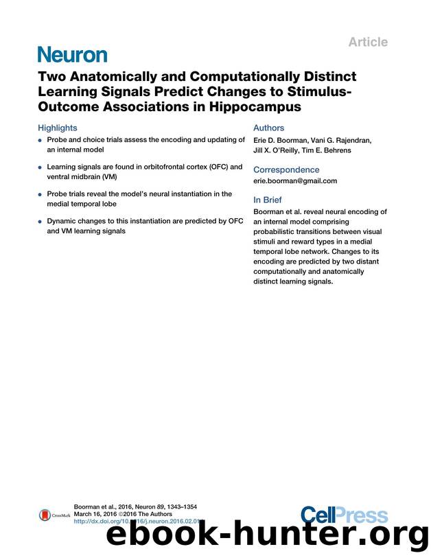 Two Anatomically and Computationally Distinct Learning Signals Predict Changes to Stimulus-Outcome Associations in Hippocampus by Erie D. Boorman & Vani G. Rajendran & Jill X. O’Reilly & Tim E. Behrens