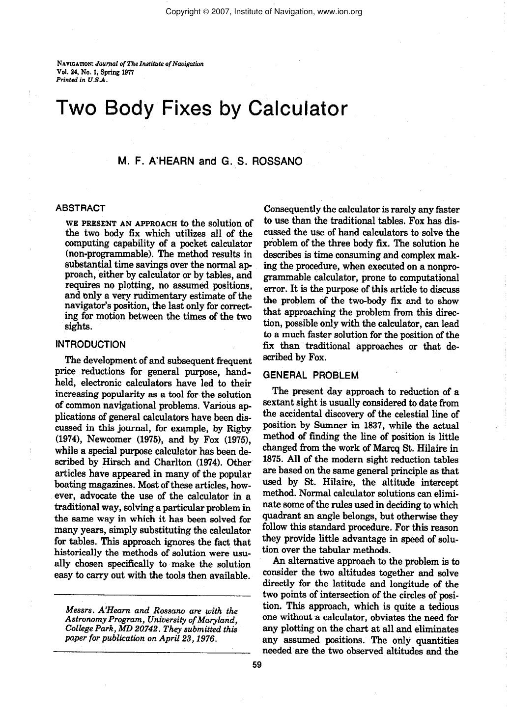 Two Body Fixes by Calculator by M. F. A’HEARN and G. S. ROSSANO