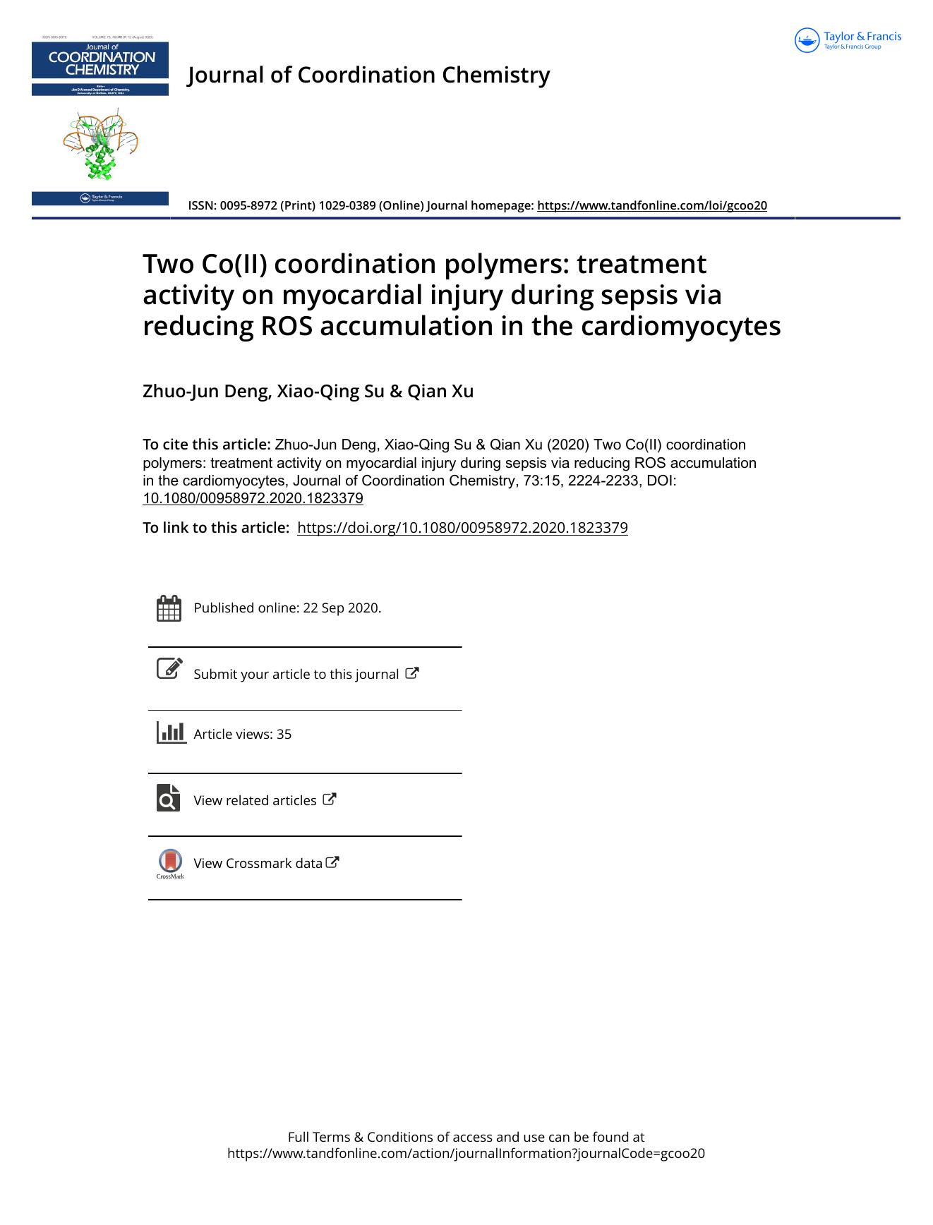Two Co(II) coordination polymers: treatment activity on myocardial injury during sepsis via reducing ROS accumulation in the cardiomyocytes by Deng Zhuo-Jun & Su Xiao-Qing & Xu Qian