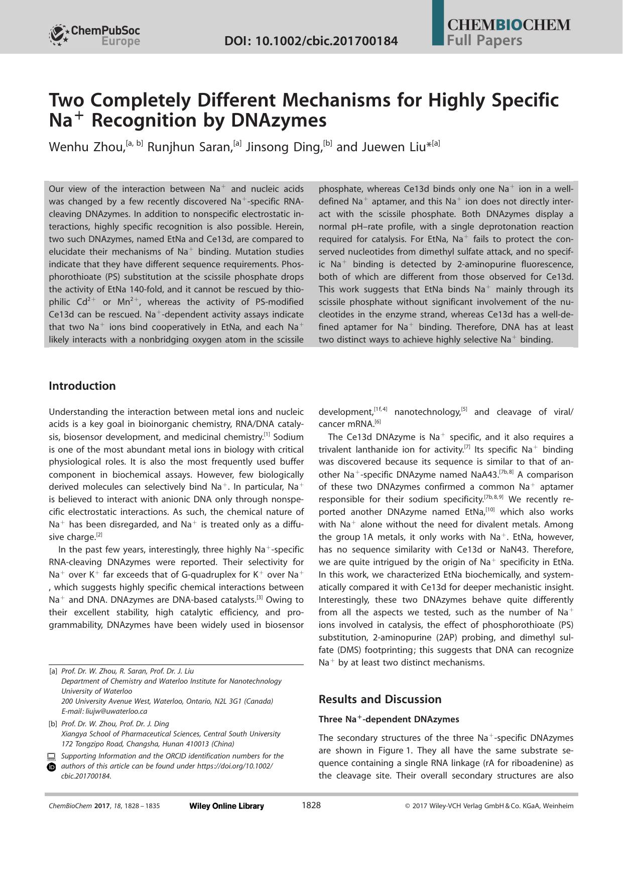 Two Completely Different Mechanisms for Highly Specific Na+ Recognition by DNAzymes by Unknown