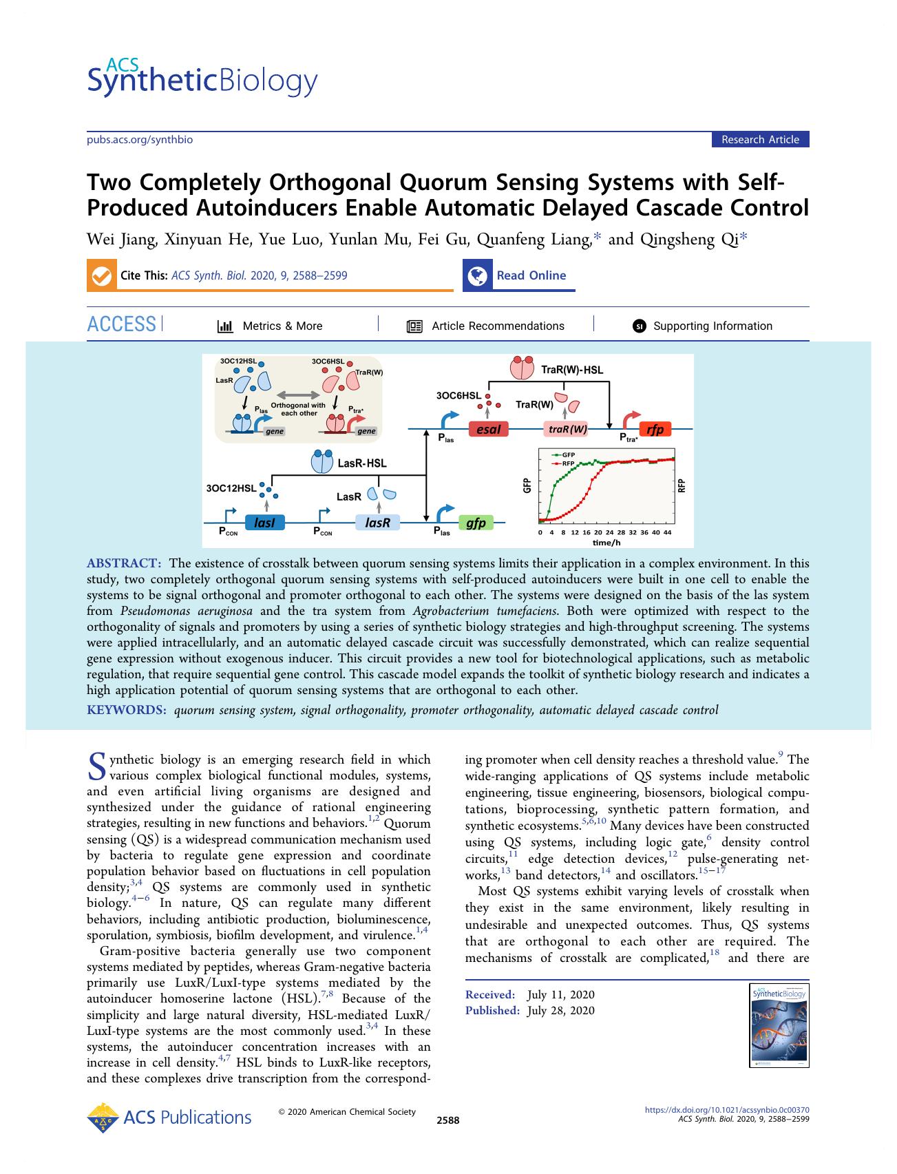Two Completely Orthogonal Quorum Sensing Systems with Self-Produced Autoinducers Enable Automatic Delayed Cascade Control by Wei Jiang Xinyuan He Yue Luo Yunlan Mu Fei Gu Quanfeng Liang and Qingsheng Qi