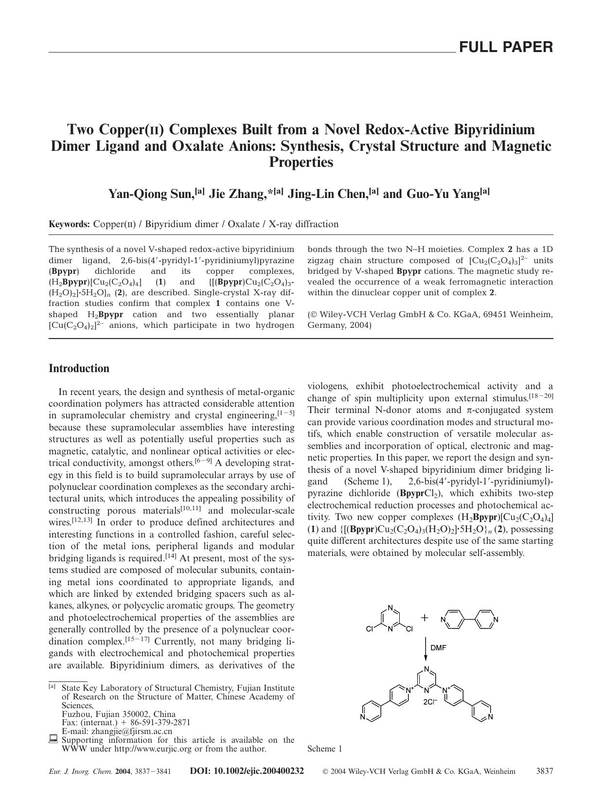 Two Copper(II) Complexes Built from a Novel Redox-Active Bipyridinium Dimer Ligand and Oxalate Anions: Synthesis, Crystal Structure and Magnetic Properties by Unknown