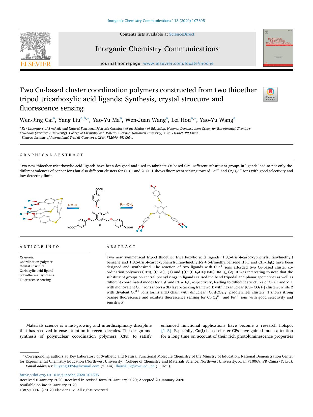 Two Cu-based cluster coordination polymers constructed from two thioether tripod tricarboxylic acid ligands_ Synthesis, crystal structure and fluorescence sensing by Wen-Jing Cai & Yang Liu & Yao-Yu Ma & Wen-Juan Wang & Lei Hou & Yao-Yu Wang