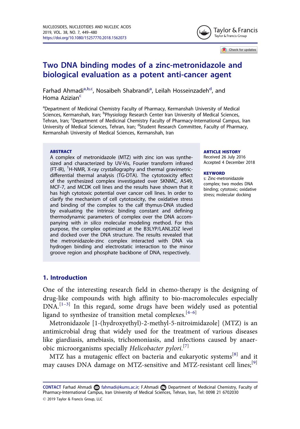 Two DNA binding modes of a zinc-metronidazole and biological evaluation as a potent anti-cancer agent by Ahmadi Farhad & Shabrandi Nosaibeh & Hosseinzadeh Leilah & Azizian Homa