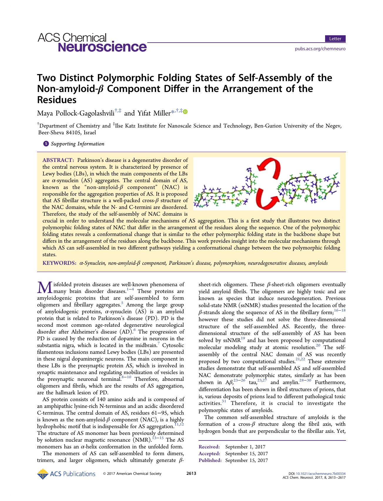 Two Distinct Polymorphic Folding States of Self-Assembly of the Non-amyloid-Î² Component Differ in the Arrangement of the Residues by Maya Pollock-Gagolashvili and Yifat Miller