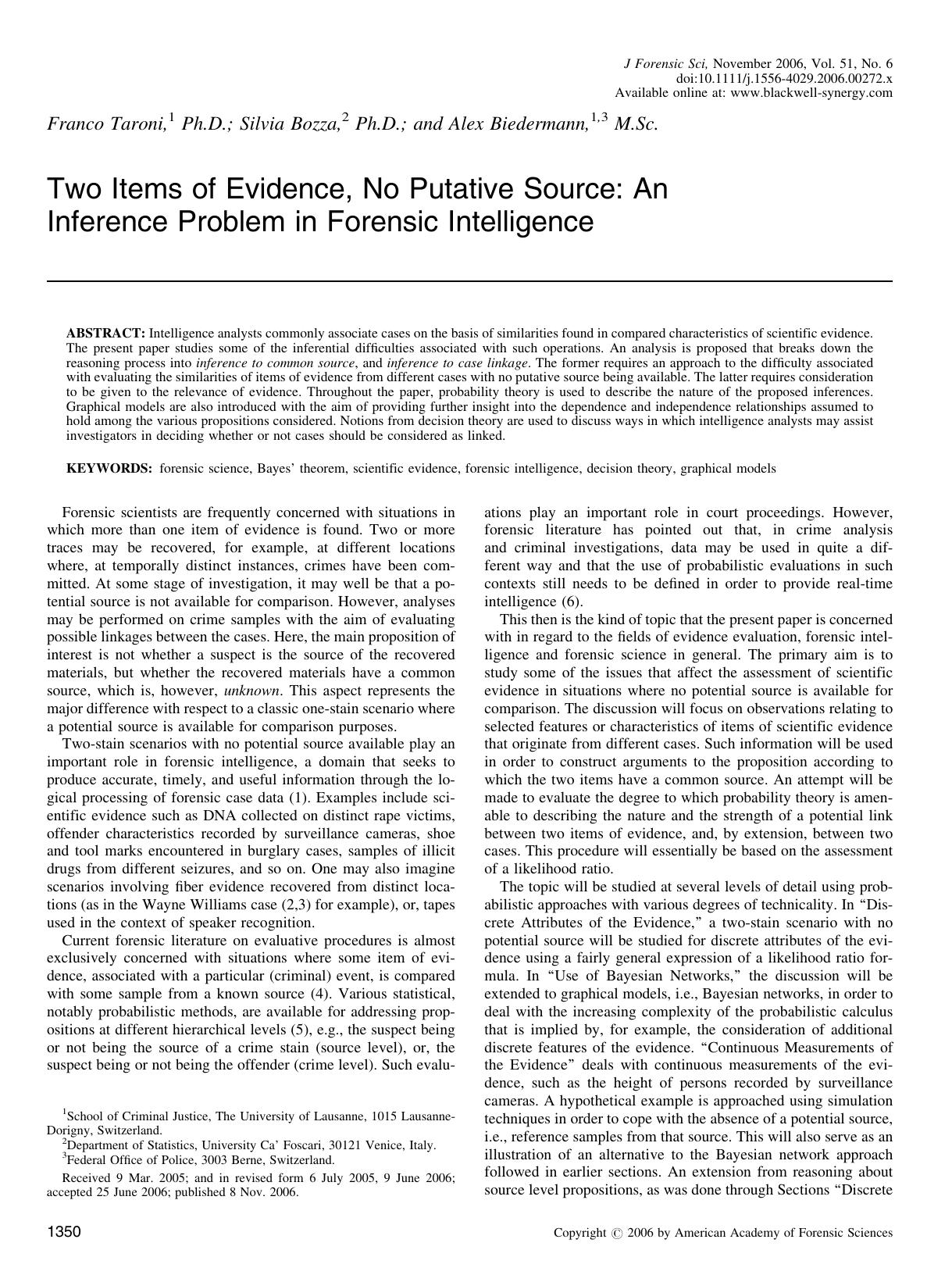 Two Items of Evidence, No Putative Source: An Inference Problem in Forensic Intelligence by Unknown