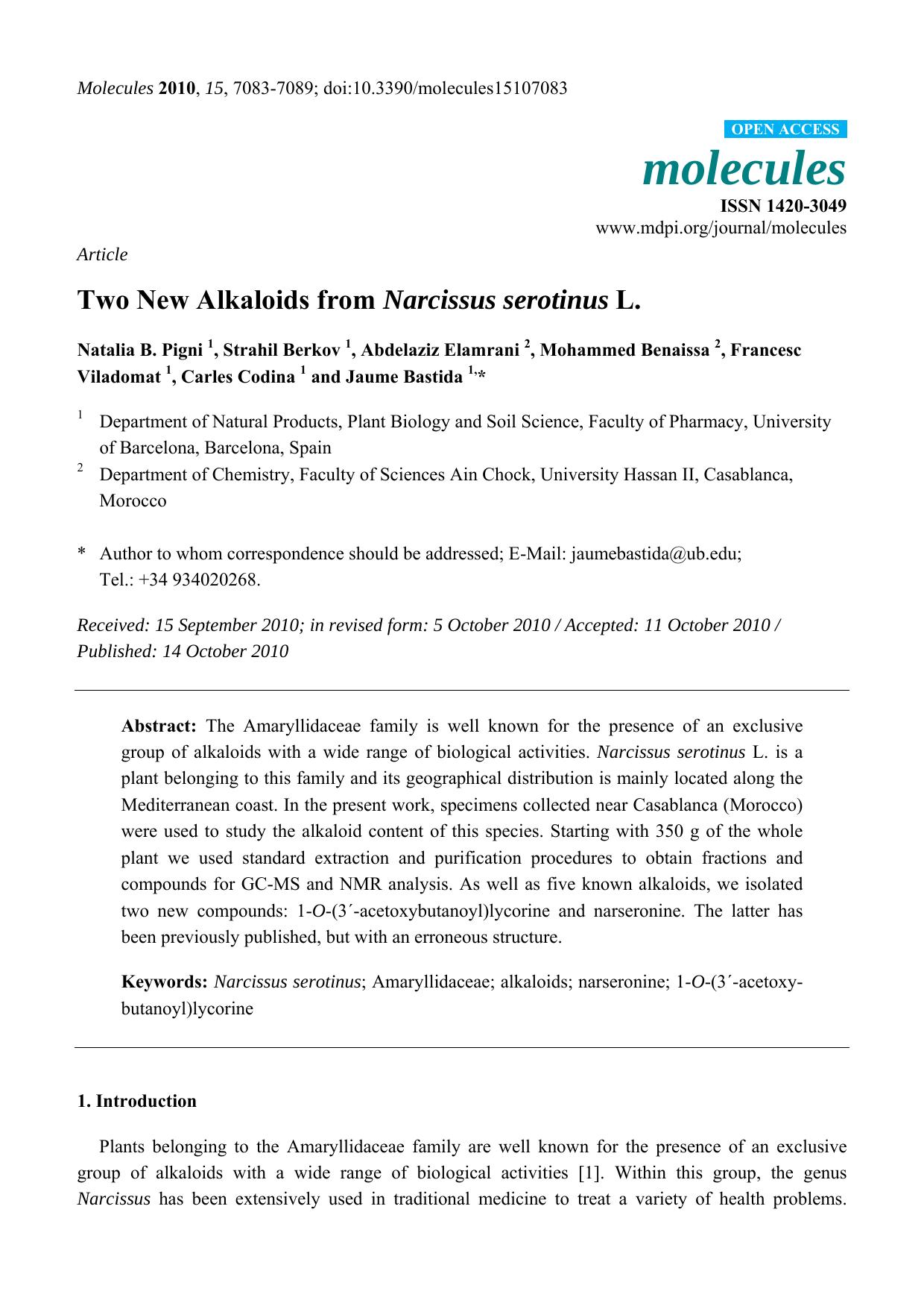 Two New Alkaloids from Narcissus serotinus L. by unknow